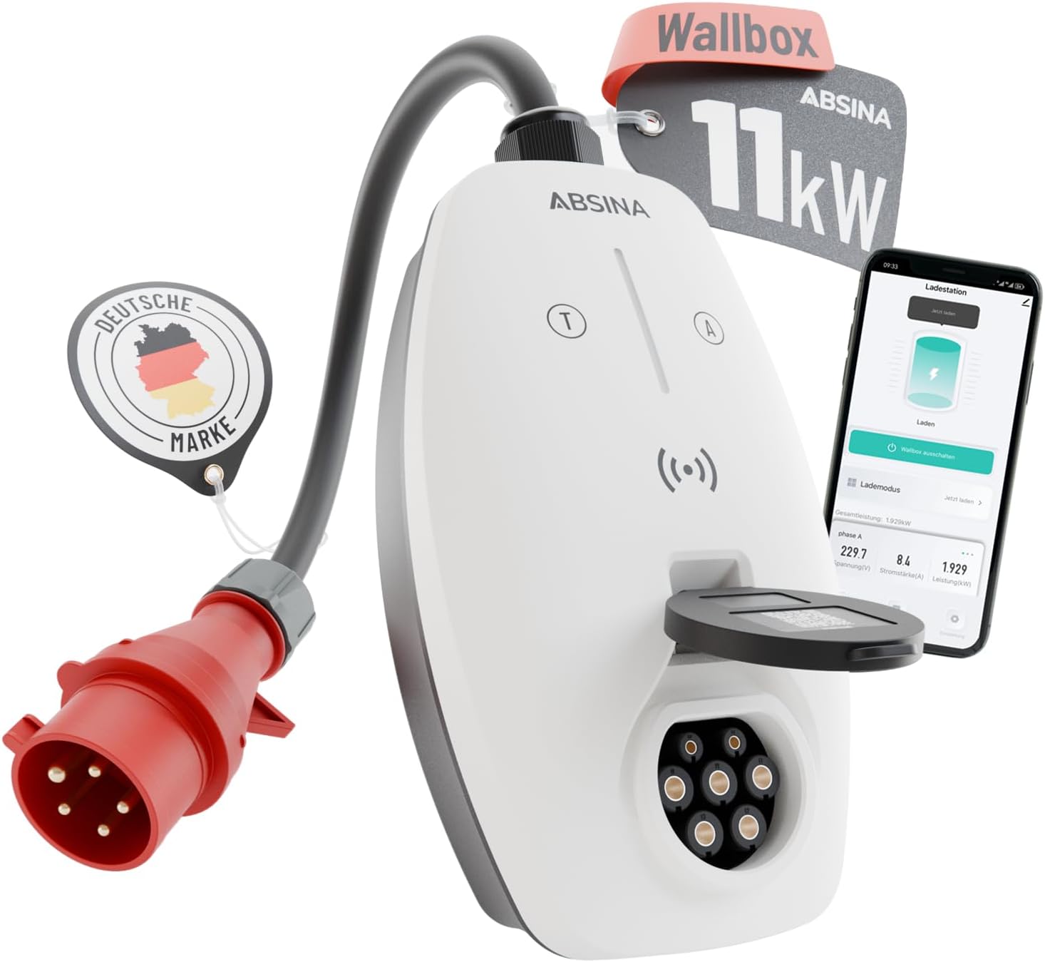 ABSINA Mobile Wallbox 11kW mit App Steuerung & Einstellbarer Ladeleistung