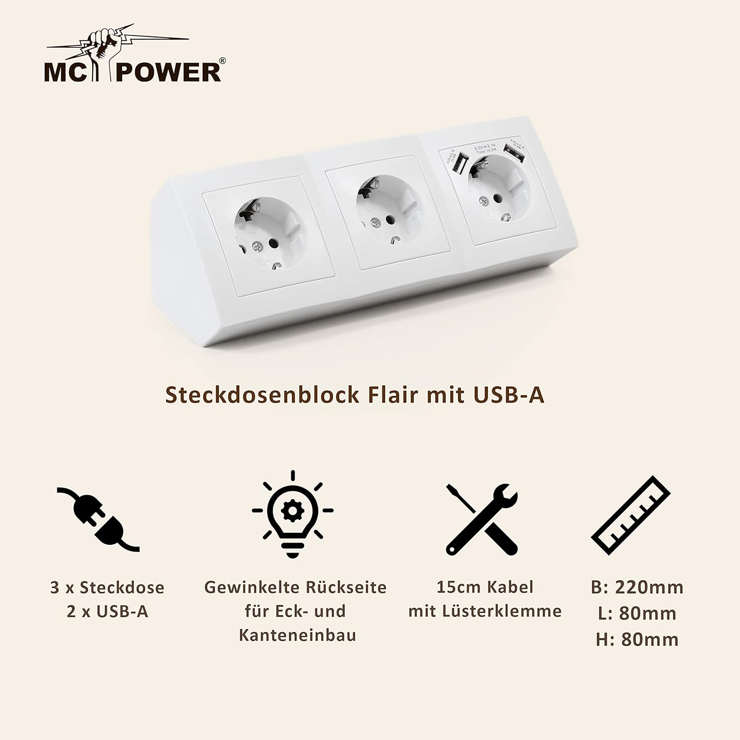 MC Power - Steckdosenblock Unterbausteckdosen | Flair | 3-Fach Schutzkontaktsteckdosen USB-Steckdosen 2X USB, 230V / 16A, Aufbau, weiß matt
