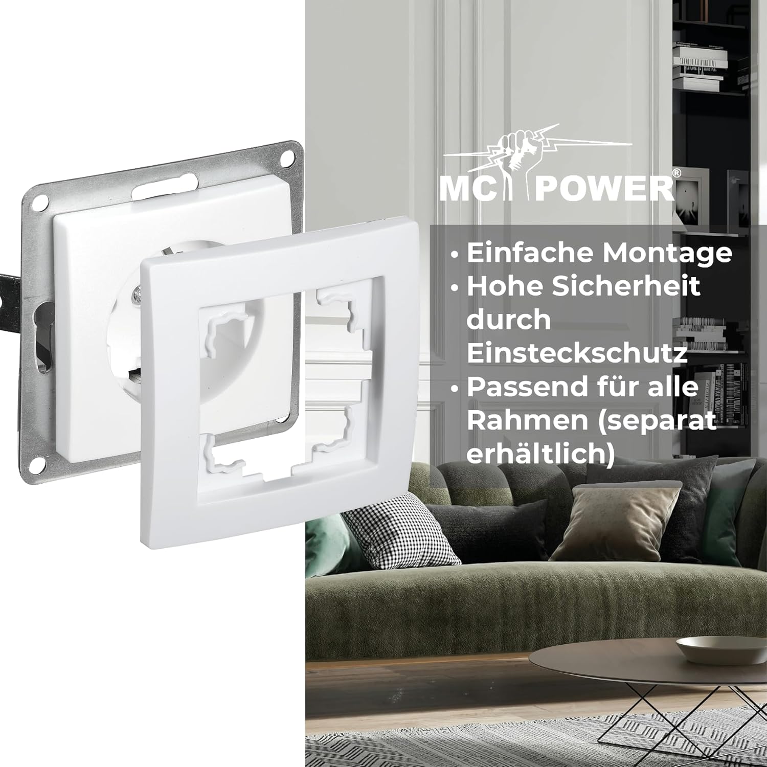 McPower Schutzkontakt Steckdose | FLAIR | 250V~/16A, UP, 1-fach Unterputzsteckdose Steckanschluss Einzelsteckdose mit Einsteckschutz, weiß matt