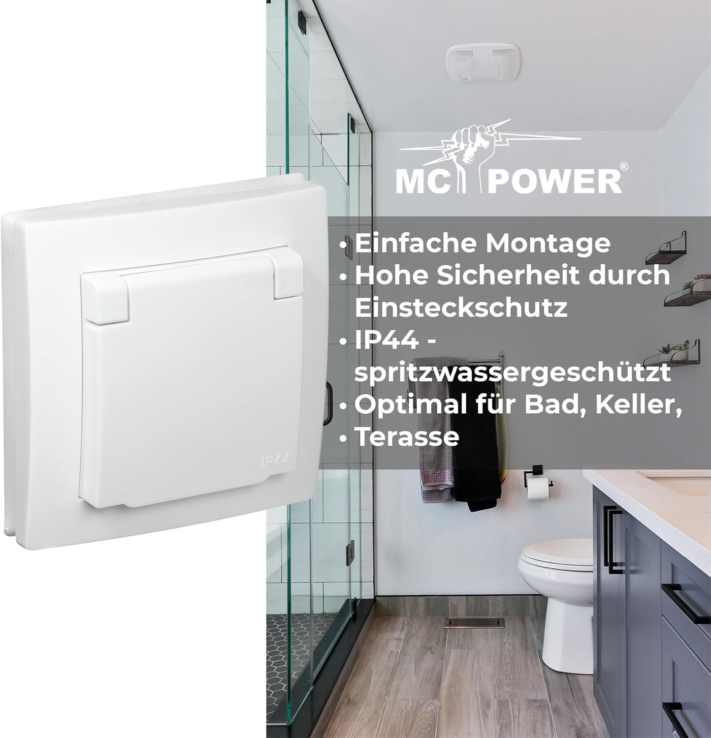 MC POWER - Schutzkontakt Steckdose IP44 | FLAIR | 250V~/16A, UP, Klappdeckel, weiß, matt