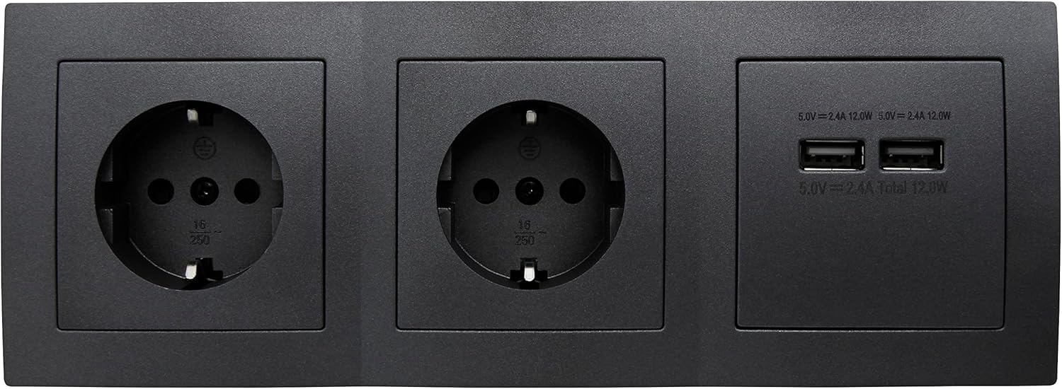 MC POWER Steckdosenblock Unterbausteckdosen | FLAIR | 2-fach Steckdose + 2x USB-A, 15cm Kabel, 230V~ / 16A, Ecksteckdose Büro Schreibtisch Küche, dunkelgrau anthrazit matt