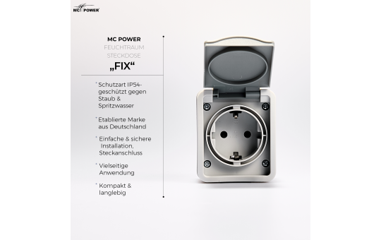 MC POWER Feuchtraum Steckdose Aufputz | Fix | Einzelsteckdose Steckdose 1-fach Steckanschluss, 250V 16A, IP54, AP grau