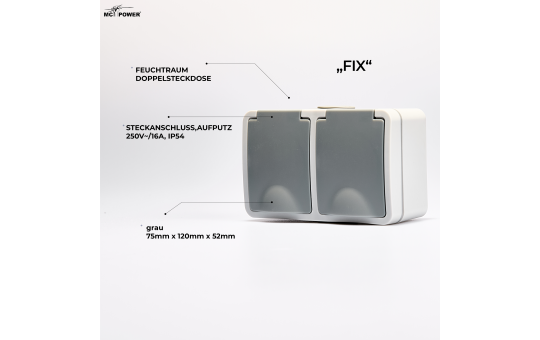 MC POWER Feuchtraum Doppelsteckdose Aufputz | Fix | Zweifach Steckdose 2-fach horizontal Steckanschluss, 250V 16A, IP54, AP grau