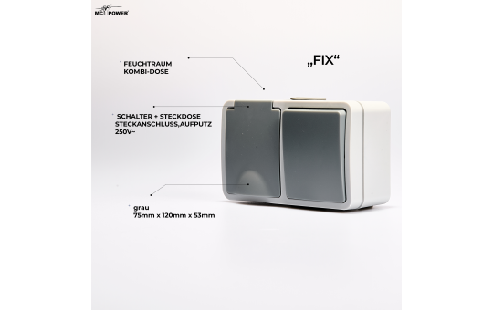 MC POWER Feuchtraum Schalter Steckdosen Set | 1x Kombi Schalter Steckdose horizontal + 2x Doppelsteckdose horizontal 4 x Einzelsteckdose | Fix Werkstatt | IP54, Steckanschluss grau
