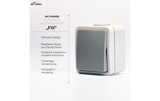 MC POWER Feuchtraum Schalter Steckdosen Set | 2x Wechselschalter + 2x Einzelsteckdose | Fix Easy | IP54 Steckdose Lichtschalter mit Steckanschluss grau