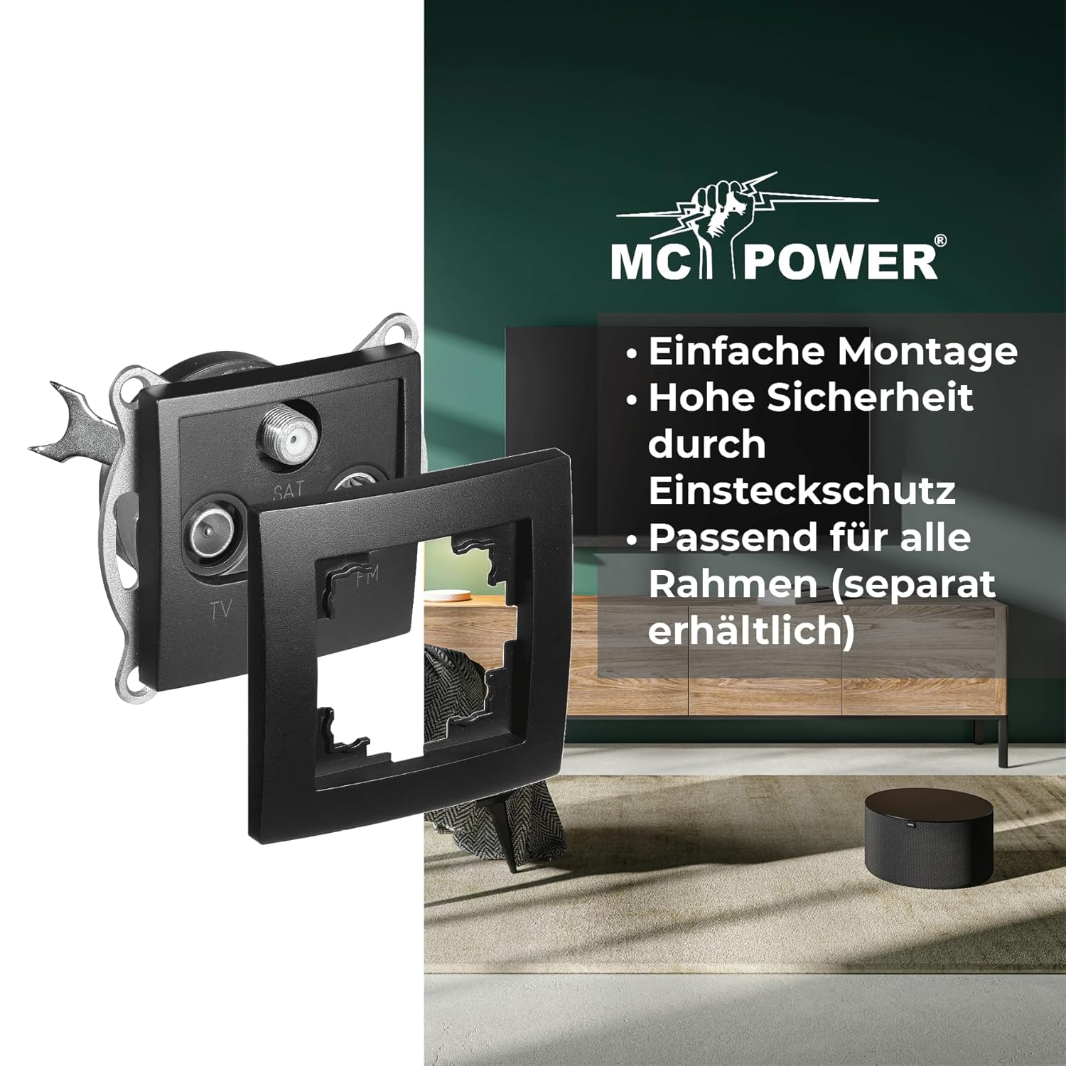 MC POWER Antennendose Unterputz | FLAIR | UP Antennensteckdose Fernsehdose Sat Dose, Anschlussdose für TV Radio Sat, matt Schwarz