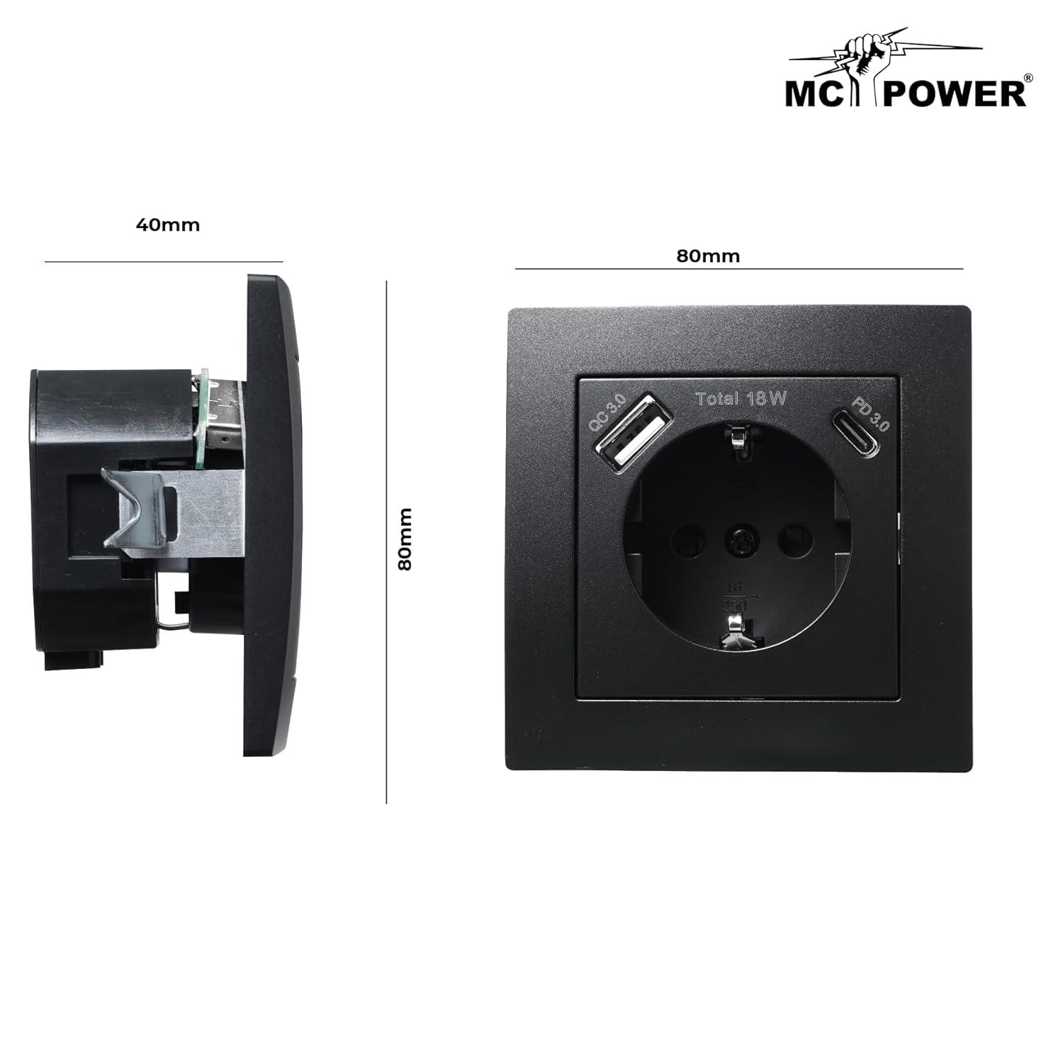 McPower Steckdose mit 1x USB-C - 18W Quickcharge + 1x USB-A | FLAIR | 250V~/16A, Unterputz Wandsteckdose mit Einsteckschutz matt Schwarz