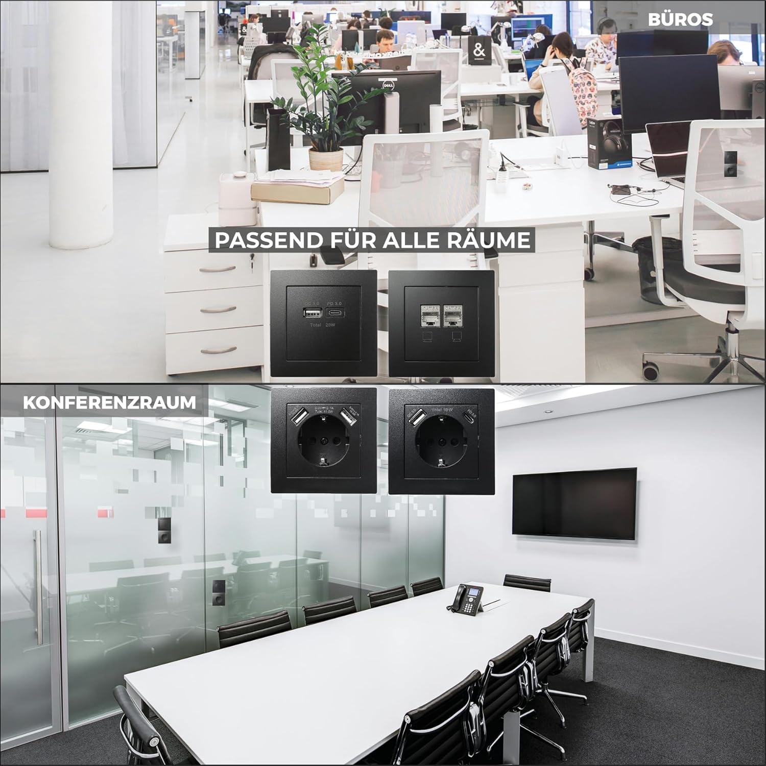 MC POWER USB Ladedose | FLAIR | 2-Fach, 3,4A, USB-A USB-C Ladesteckdose, Ladebuchse matt Schwarz für Wohnzimmer, Schalfzimmer Küche Büro