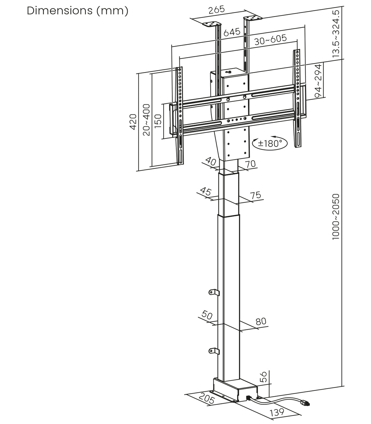 MyWall HP67-2 elektrischer drehbarer TV Lift für 37-80" Bildschirme (mit Fernbedienung, für 94-203cm TVs, max. 60kg Belastbarkeit)