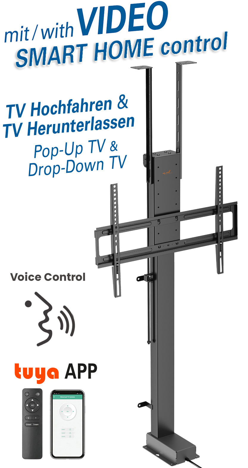 MyWall HP66-3 elektrischer TV Lift zum hochfahren & herunterlassen 43-88" Bildschirme (mit Fernbedienung, für 109-224cm TVs, max. 60kg Belastbarkeit)