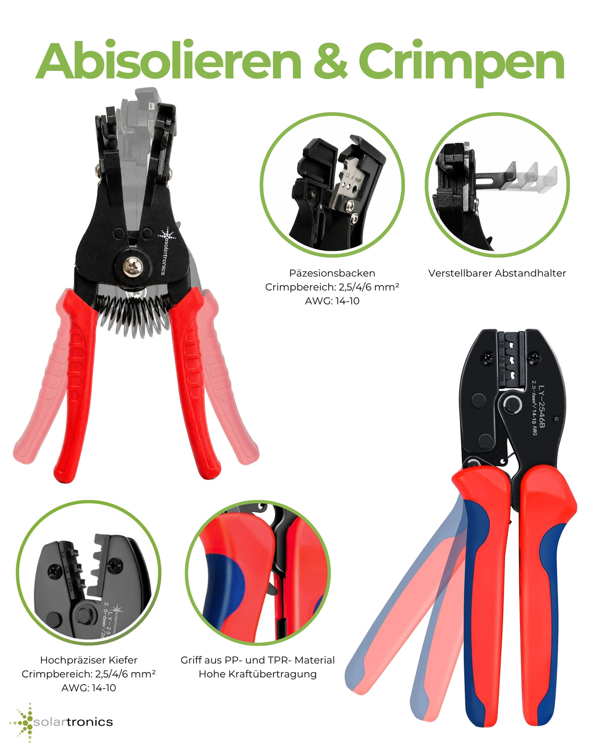Solar-Crimpzangen-Set für PV-Kabel 2,5/4/6 mm² inkl. Abisolierzange, Solarstecker und Montageschlüssel