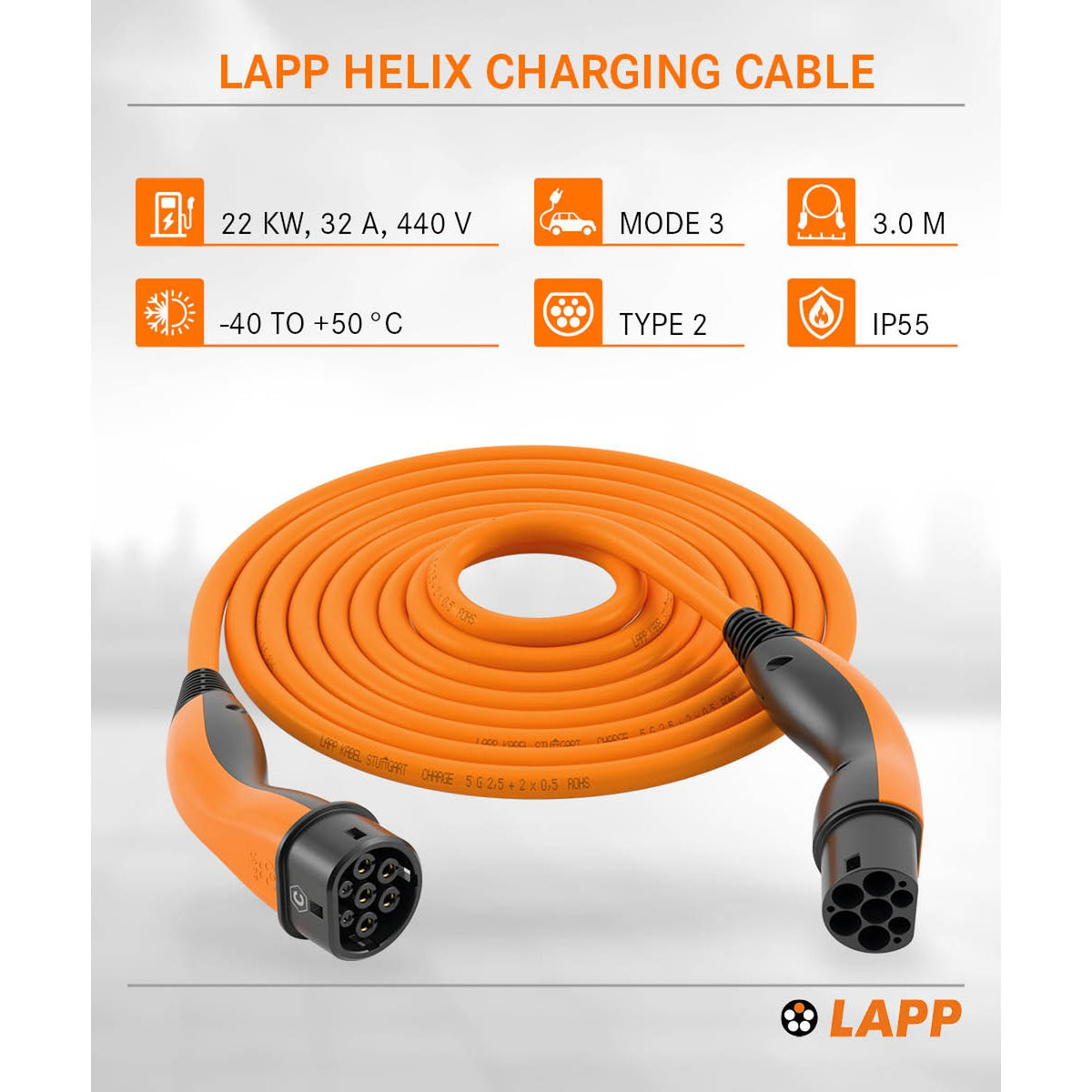 Lapp MOBILITY Helix Typ 2 Ladekabel 22 KW / 5m / Selbstaufrollend / 32 A / 3-Phasig / E-Auto Ladekabel/ Mode 3 / m Orange