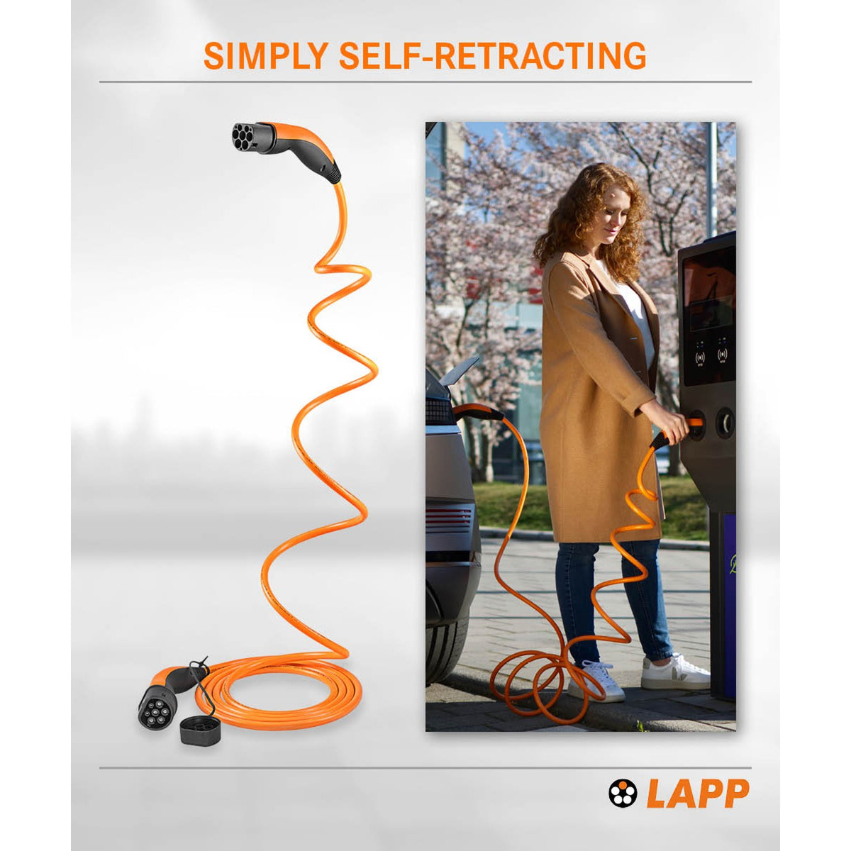 Lapp MOBILITY Helix Typ 2 Ladekabel 22 KW / 5m / Selbstaufrollend / 32 A / 3-Phasig / E-Auto Ladekabel/ Mode 3 / m Orange