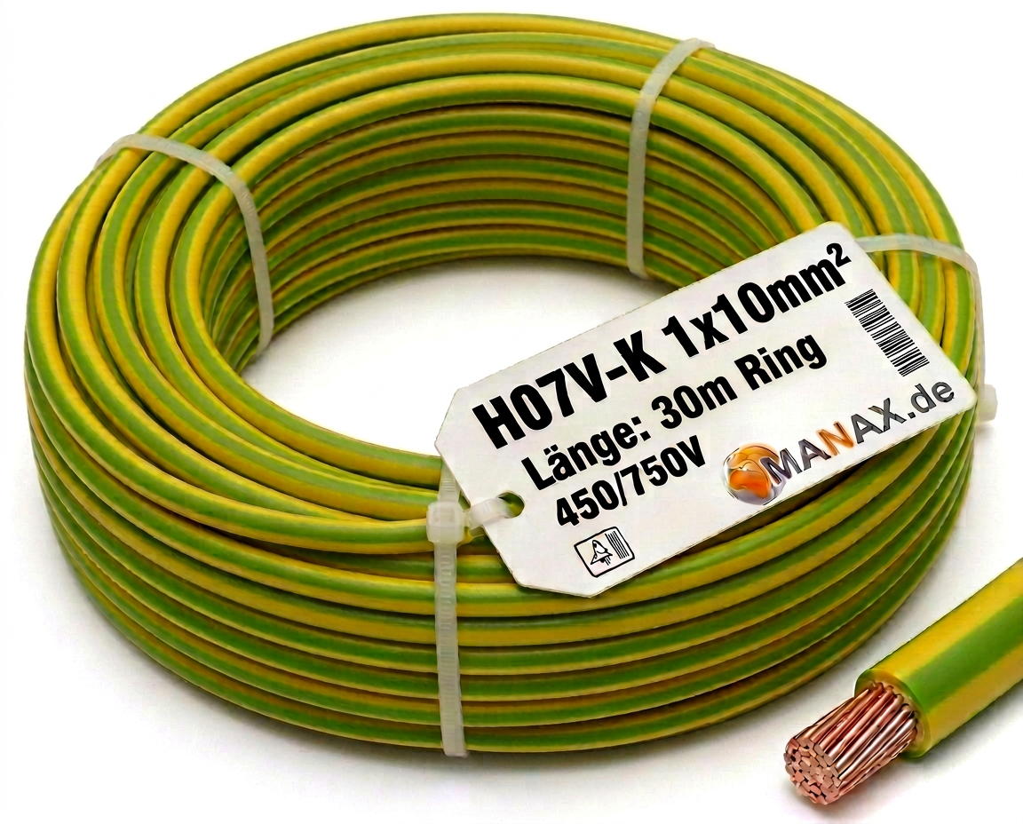 30m 10mm2 Erdungskabel H07V-K 1x10mm² Aderleitung flexibel Kupfer Litze Einzelader für PV Anlagen Solar Energieleitung Verdrahtungsleitung PVC Erdungsleitung feindrahtig grün-gelb