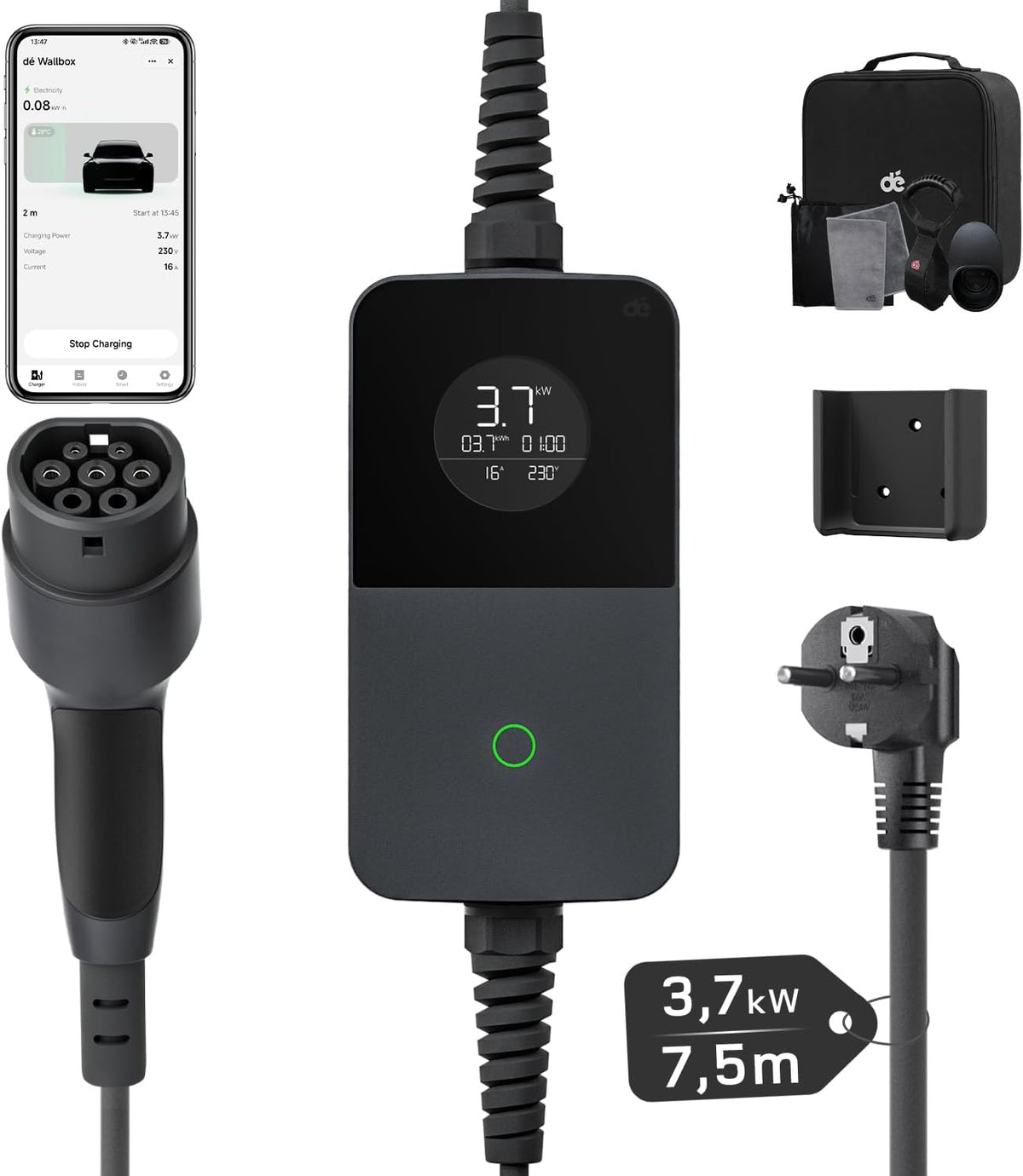 3,7kW Typ 2 Ladekabel Schuko mit APP, EV Charger mit 7,5m Kabel, 6-16A