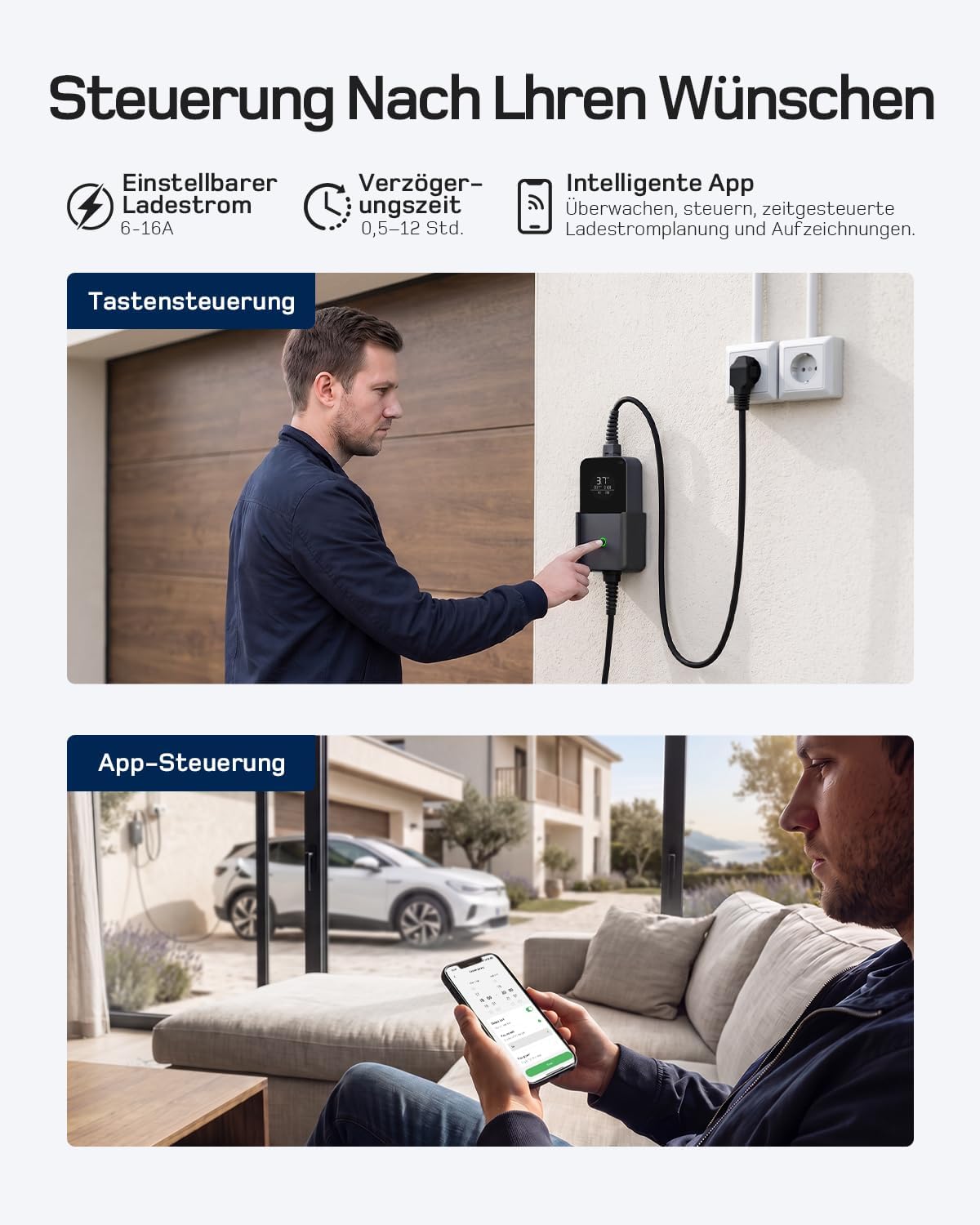 3,7kW Typ 2 Ladekabel Schuko mit APP, EV Charger mit 7,5m Kabel, 6-16A