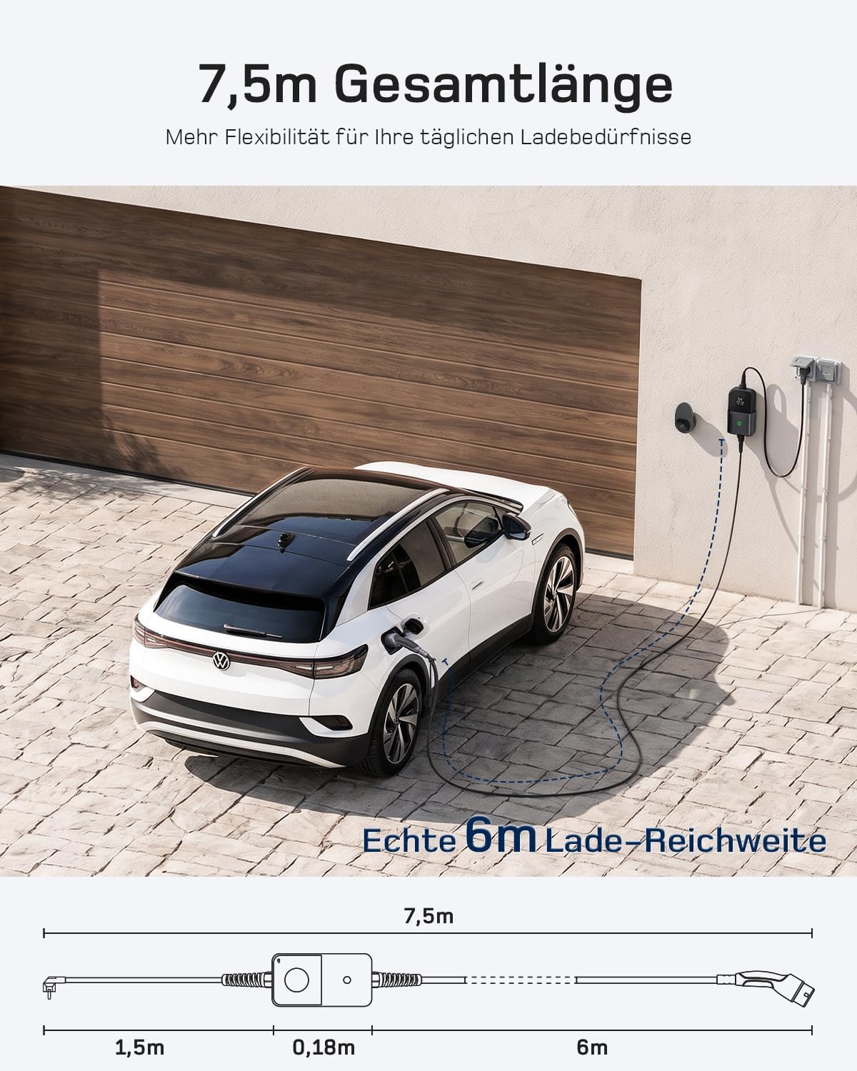 3,7kW Typ 2 Ladekabel Schuko mit APP, EV Charger mit 7,5m Kabel, 6-16A