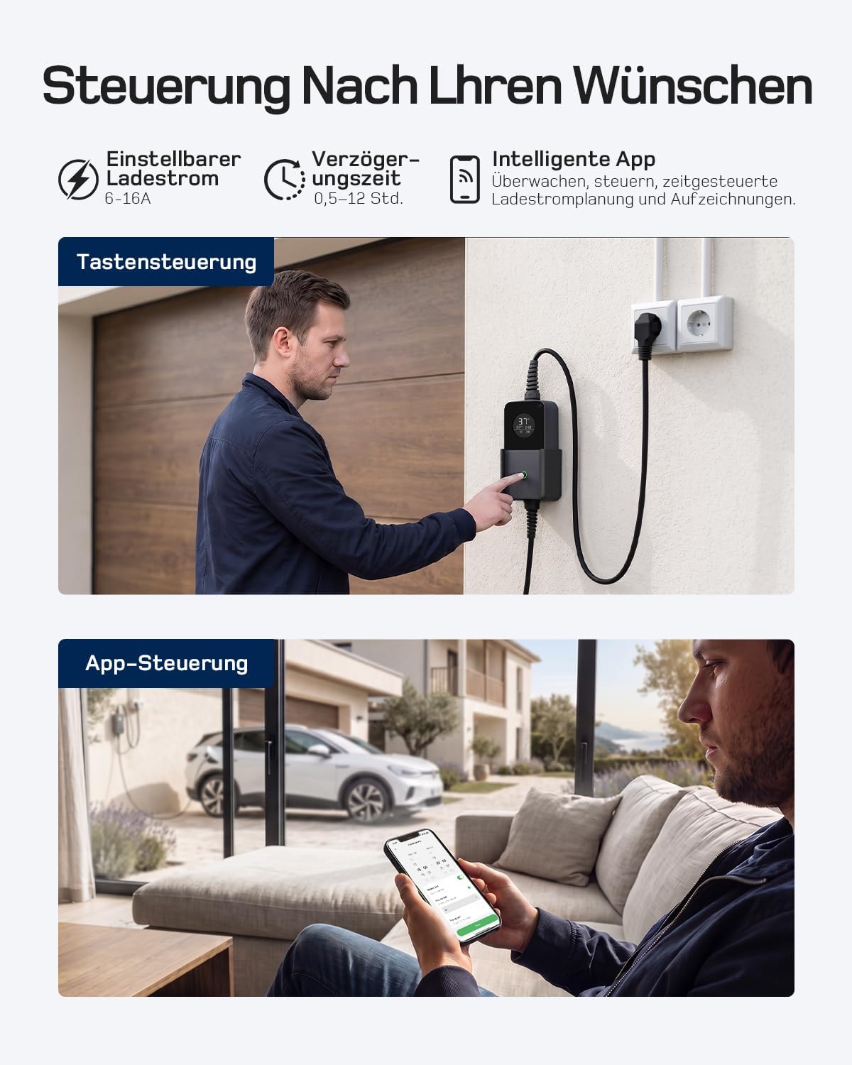 3,7kW Typ 2 Ladekabel Schuko mit APP, EV Charger mit 20m Kabel, 6-16A