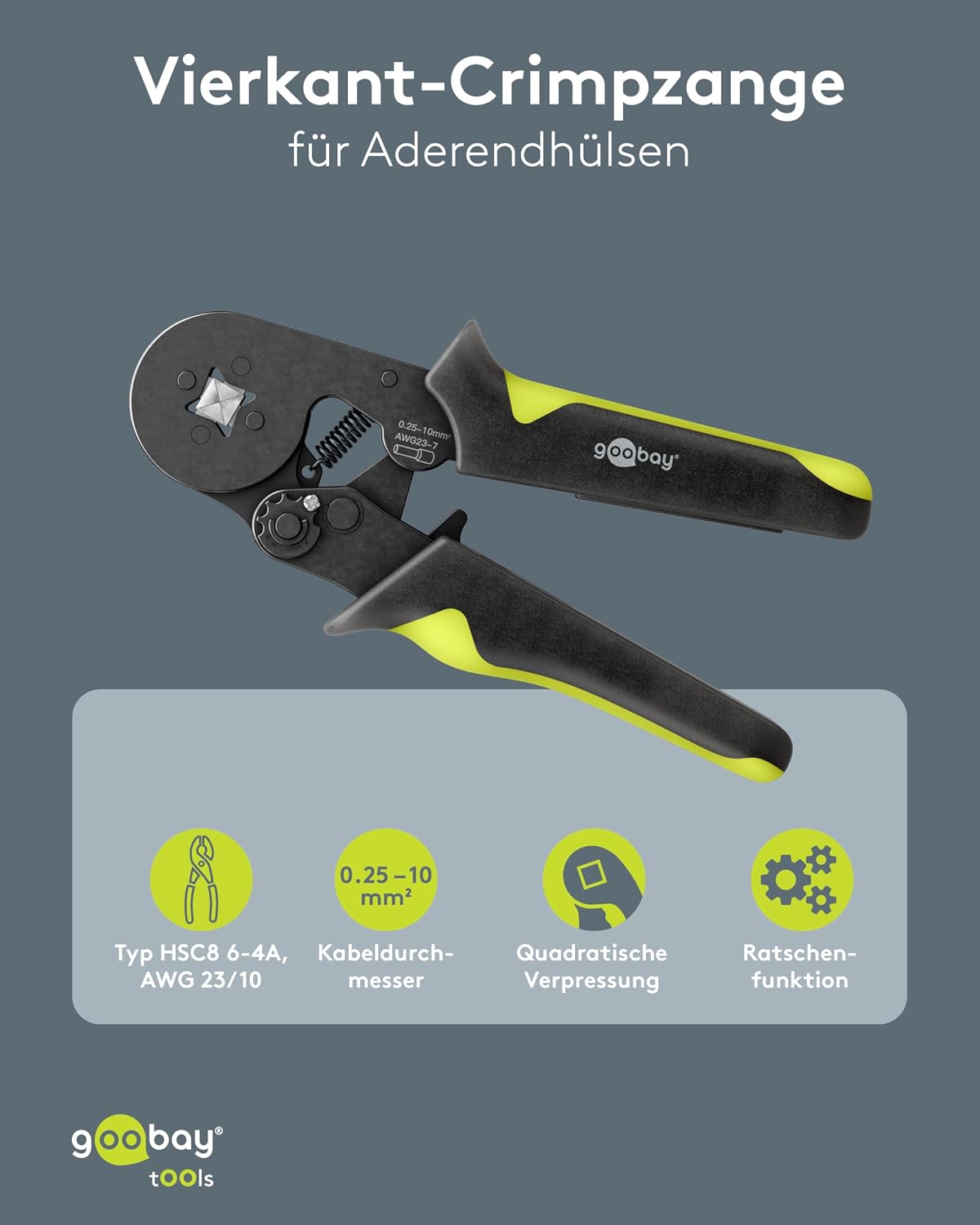 Vierkant-Crimpzange für Aderendhülsen 0,25–10 mm², Presszange, HSC8 6-4A, AWG23–10, Crimpwerkzeug für isolierte und unisolierte Kabelhülsen