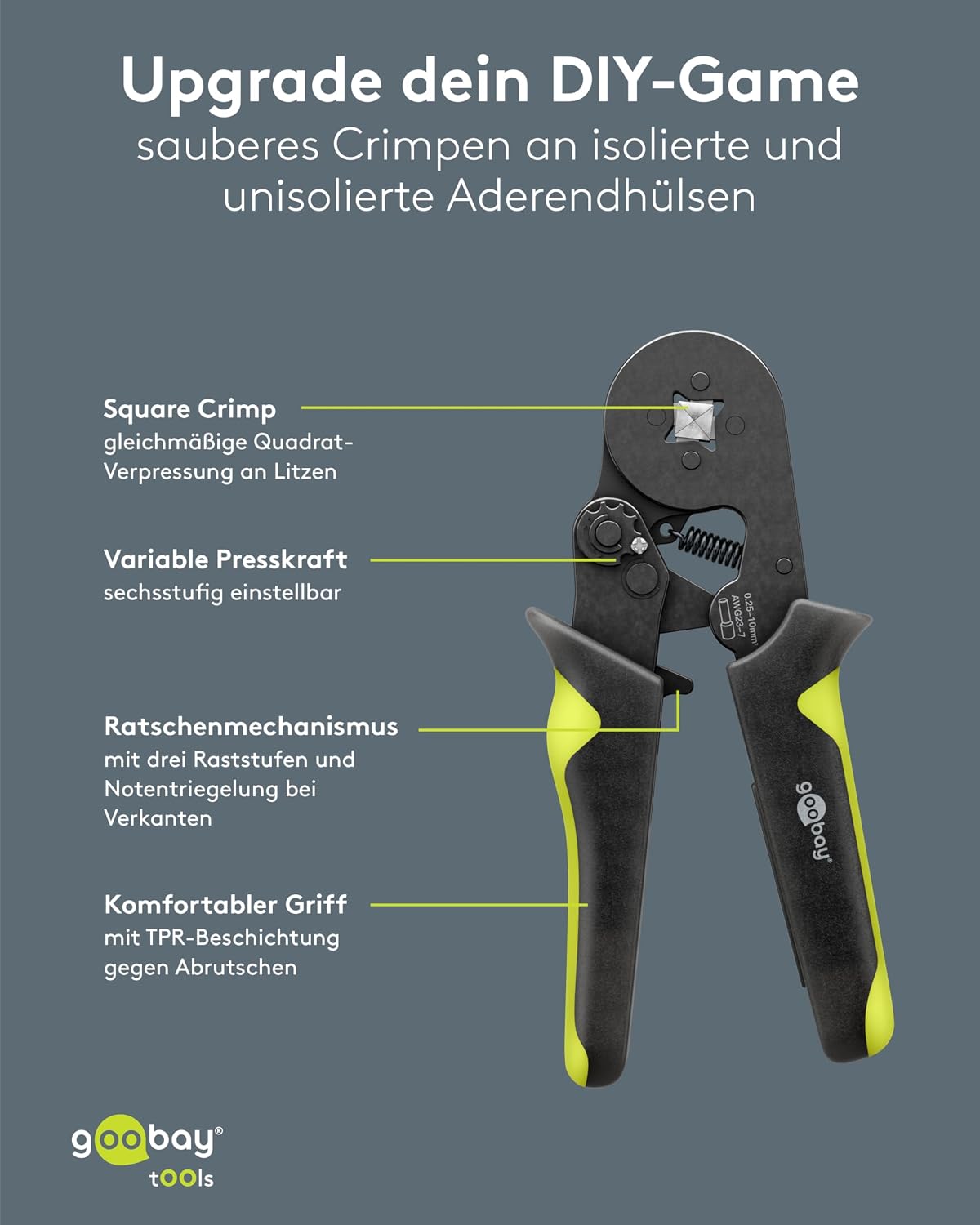 Vierkant-Crimpzange für Aderendhülsen 0,25–10 mm², Presszange, HSC8 6-4A, AWG23–10, Crimpwerkzeug für isolierte und unisolierte Kabelhülsen