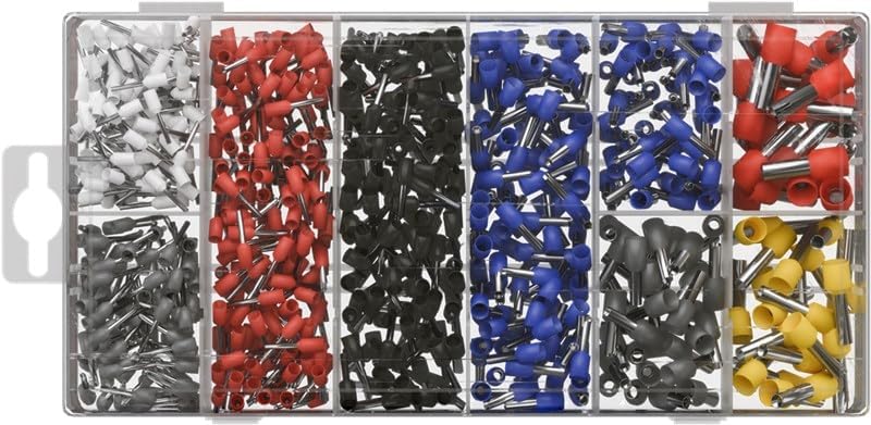 Aderendhülsen Set 1200-teilig, isolierte Kabelendhülsen 0,5–10 mm², 8 Typen in Sortimentsbox, verzinnte Messinghülsen mit PP-Kragen zum Crimpen
