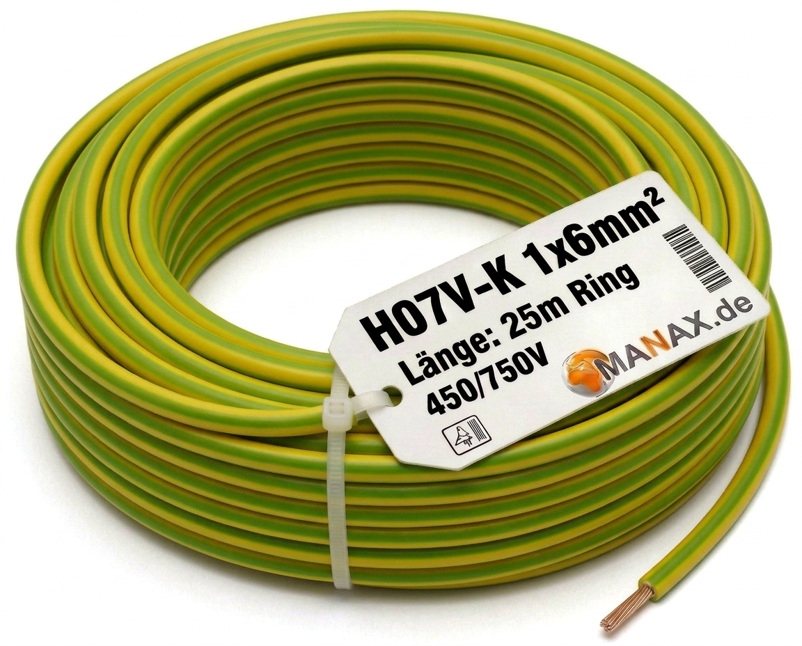 25m 6mm2 Erdungskabel H07V-K 1x6mm² Aderleitung flexibel Kupfer Litze Einzelader für PV Anlagen Solar Energieleitung Verdrahtungsleitung PVC Erdungsleitung feindrahtig grün-gelb
