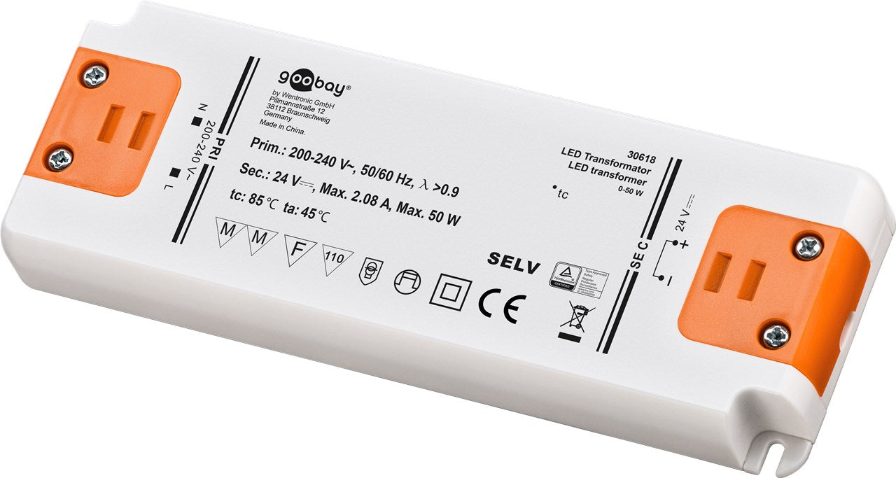 Goobay LED Trafo 230V auf 24V Led Spot 24V Transformator 50W Gesamtlast LED Treiber 24V DC Gleichspannung LED Driver 24V Trafo kein Flackern
