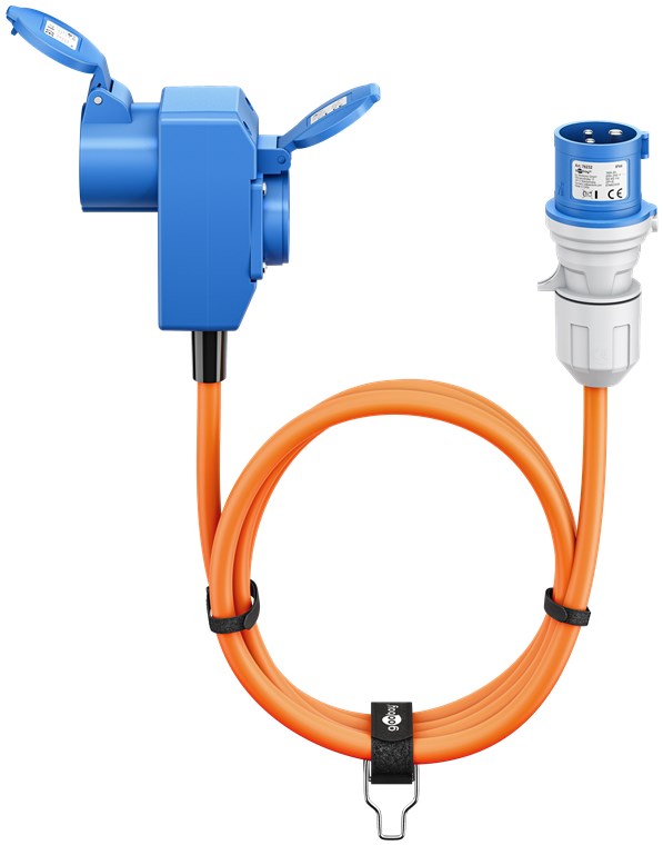 goobay CEE Adapterkabel Wohnmobil 5m CEE-Stecker auf 90° CEE-Kupplung und Schutzkontakt mit Verschlusskappen, Kabel für Camping, Wohnmobil und Wohnwagen