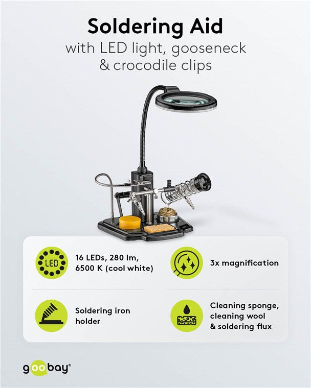 Löthilfe mit LED-Lampe, Schwanenhals-Krokodilklemme und Lupe mit LED Lampe | Dritte Hand Löten