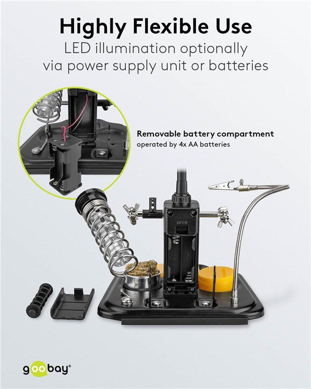 Löthilfe mit LED-Lampe, Schwanenhals-Krokodilklemme und Lupe mit LED Lampe | Dritte Hand Löten