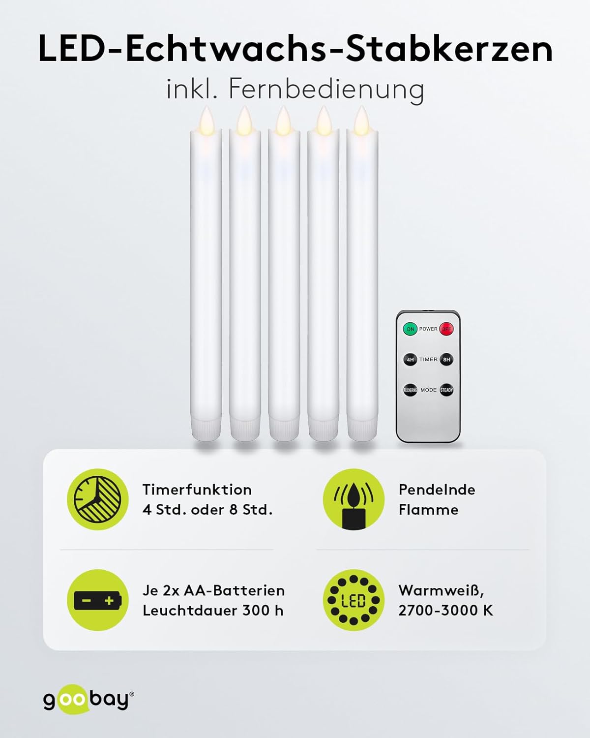 LED Stabkerzen mit Timerfunktion / LED Kerzen mit Fernbedienung / Warmes Licht LED Kerze / LED Echtwachskerzen flackernde Flamme / Elektrische Kerzen 5er Set / Weiß