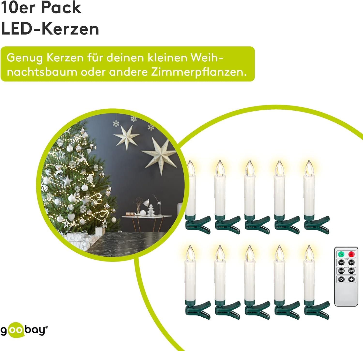 Kabellose LED Weihnachtsbaumkerzen mit Timerfunktion / LED Kerzen mit Fernbedienung/Flackernde Flamme Christbaumkerzen / Elektrische Kerzen/Baumkerzen 10er Set / Weiß
