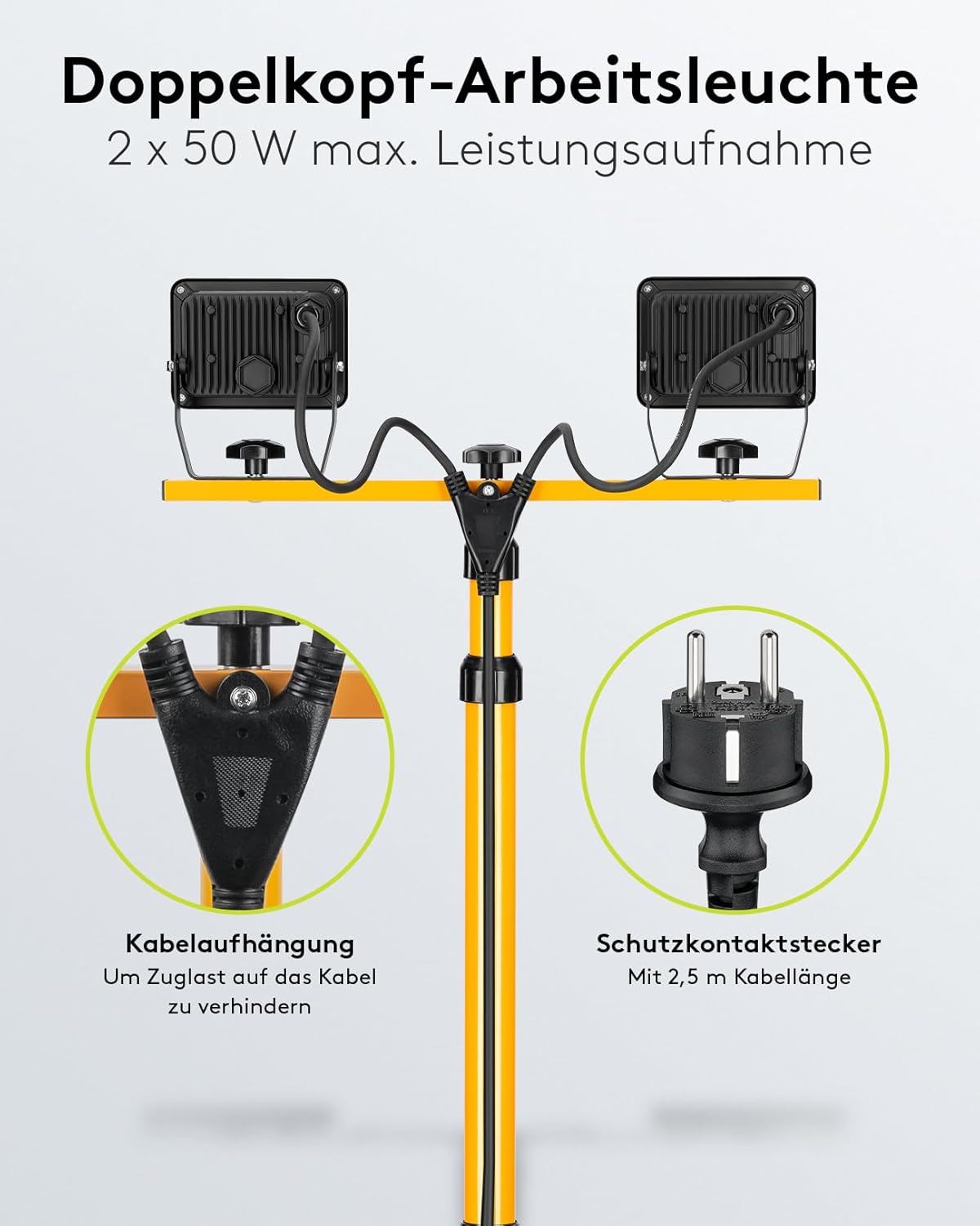 2 x 50W Baustrahler LED mit Stativ einstellbar und 2,5m Kabel für Baustelle, Werkstatt oder Keller - IP65 Baulampe LED für Innen- & Außenbereich - Strahler 2x8500 Lumen kaltweißes Licht 6500K [Energieklasse F]