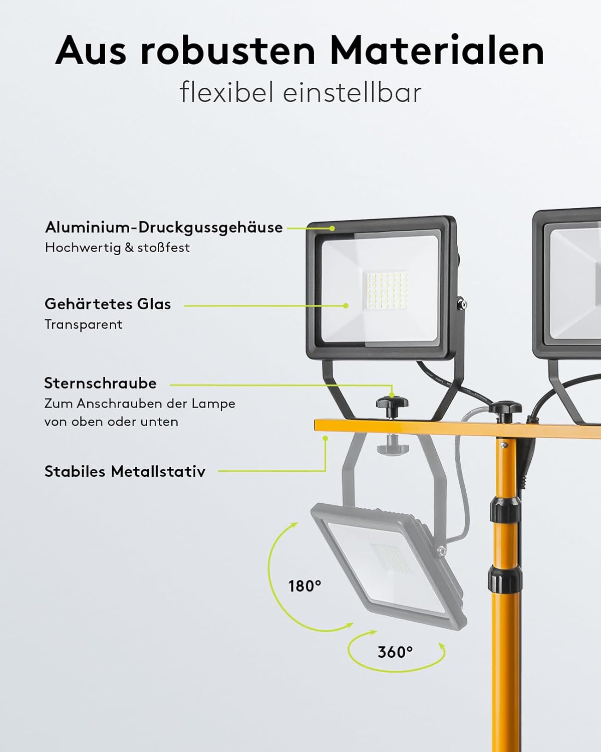 2 x 50W Baustrahler LED mit Stativ einstellbar und 2,5m Kabel für Baustelle, Werkstatt oder Keller - IP65 Baulampe LED für Innen- & Außenbereich - Strahler 2x8500 Lumen kaltweißes Licht 6500K [Energieklasse F]