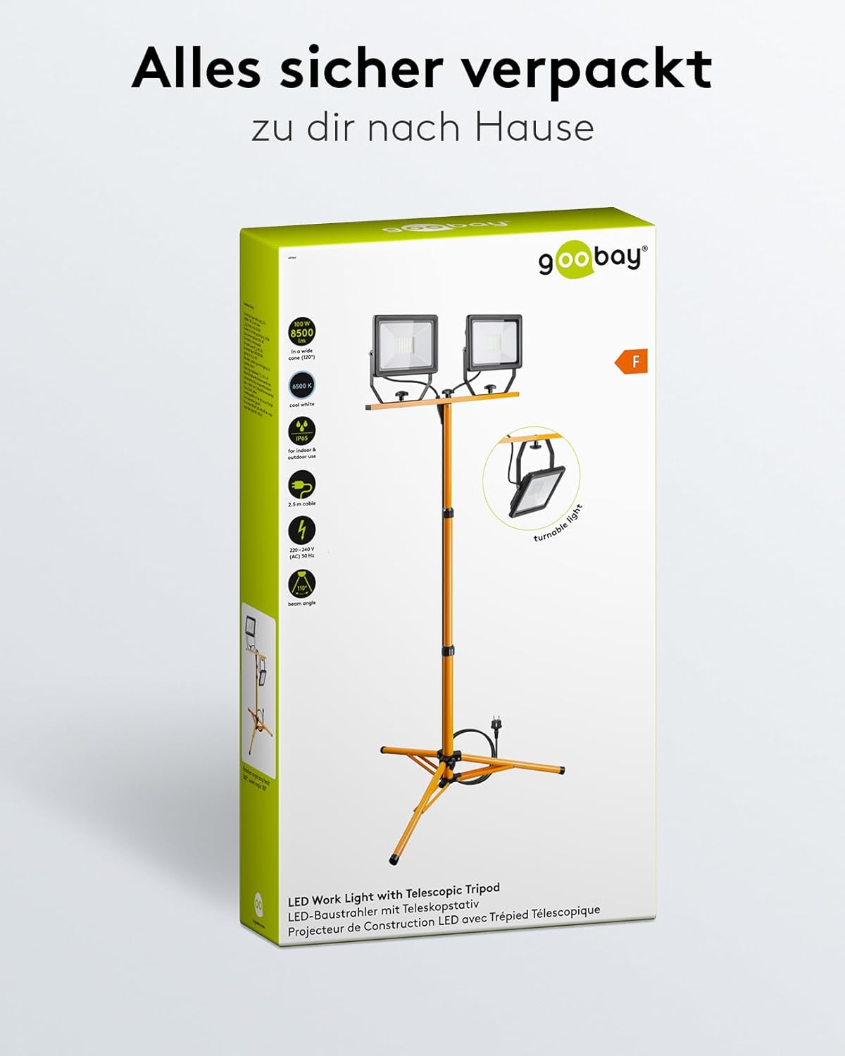 2 x 50W Baustrahler LED mit Stativ einstellbar und 2,5m Kabel für Baustelle, Werkstatt oder Keller - IP65 Baulampe LED für Innen- & Außenbereich - Strahler 2x8500 Lumen kaltweißes Licht 6500K [Energieklasse F]