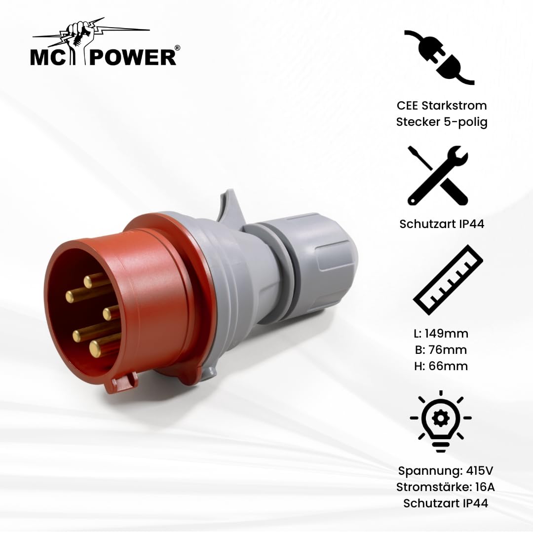 McPower CEE-Stecker IP44 | 415V, 16A Starkstrom Stecker | 5-polig Landanschluss für Wohnmobil Boot Aussenbereich Camping Caravan Industrie Handwerk