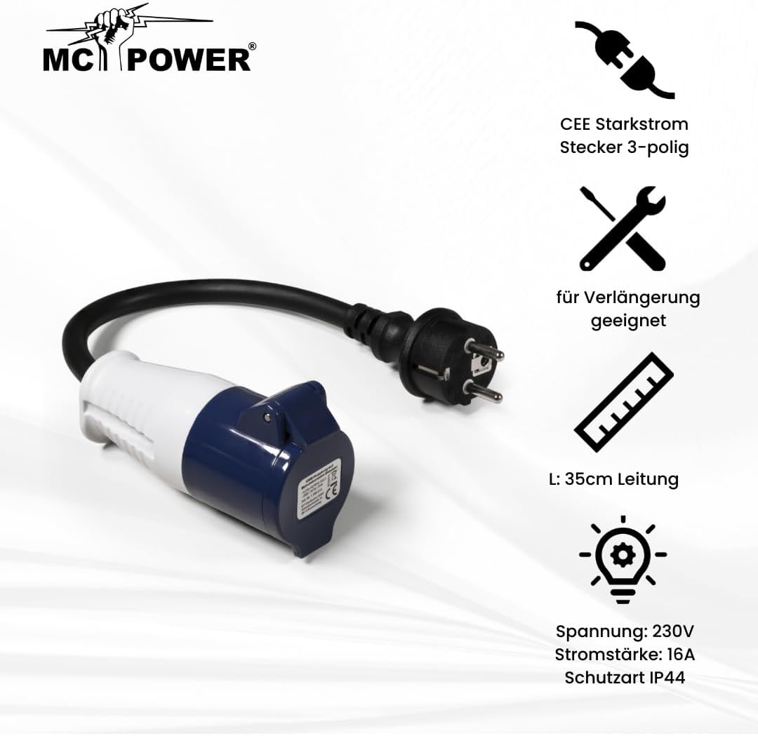 MC Power CEE-Kupplung auf Schutzkontakt Stecker | 0,35m, H07RN-F 3G2,5, 230V, IP44 | Robustes Verlängerungsadapter-Kabel