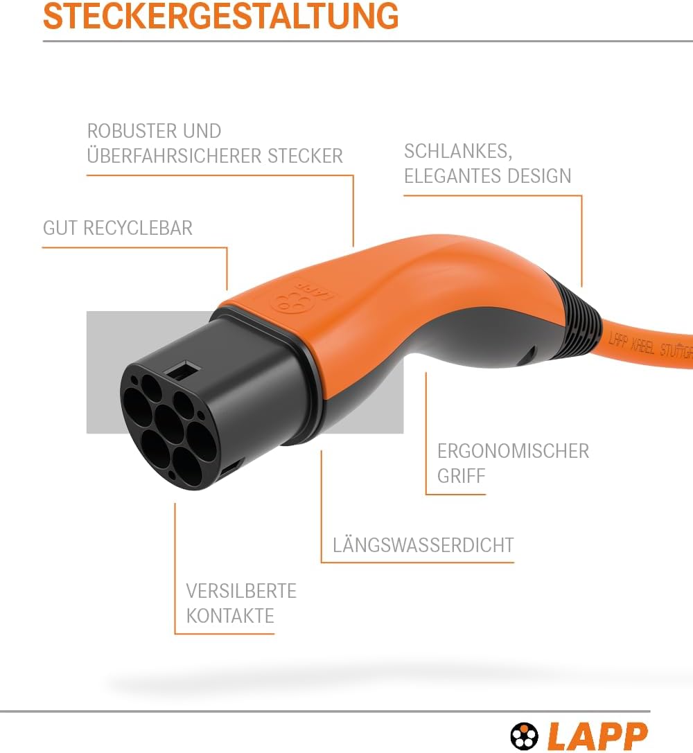 Lapp Mobility Typ 2 Ladekabel (3m/5m/7m/10m) 22 KW orange / Glatt / 32 A / 3-Phasig / E-Auto Ladekabel / Mode 3