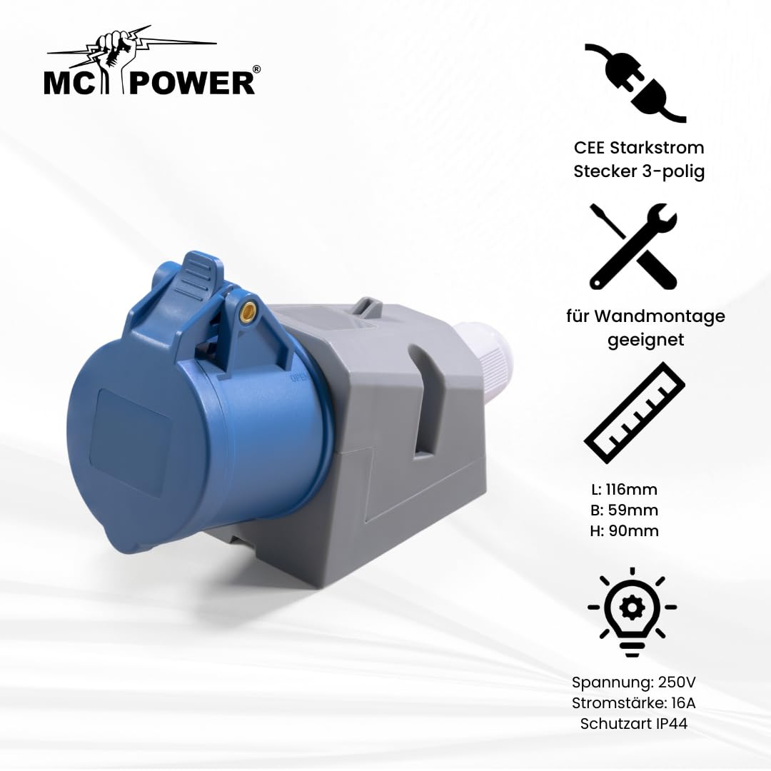 MC POWER CEE Steckdose Wandmontage IP44 Kupplung | 3-polig 250V, 16A Starkstrom Wandsteckdose | Steckdose für Industrie Handwerk Landwirtschaft Campingplatz