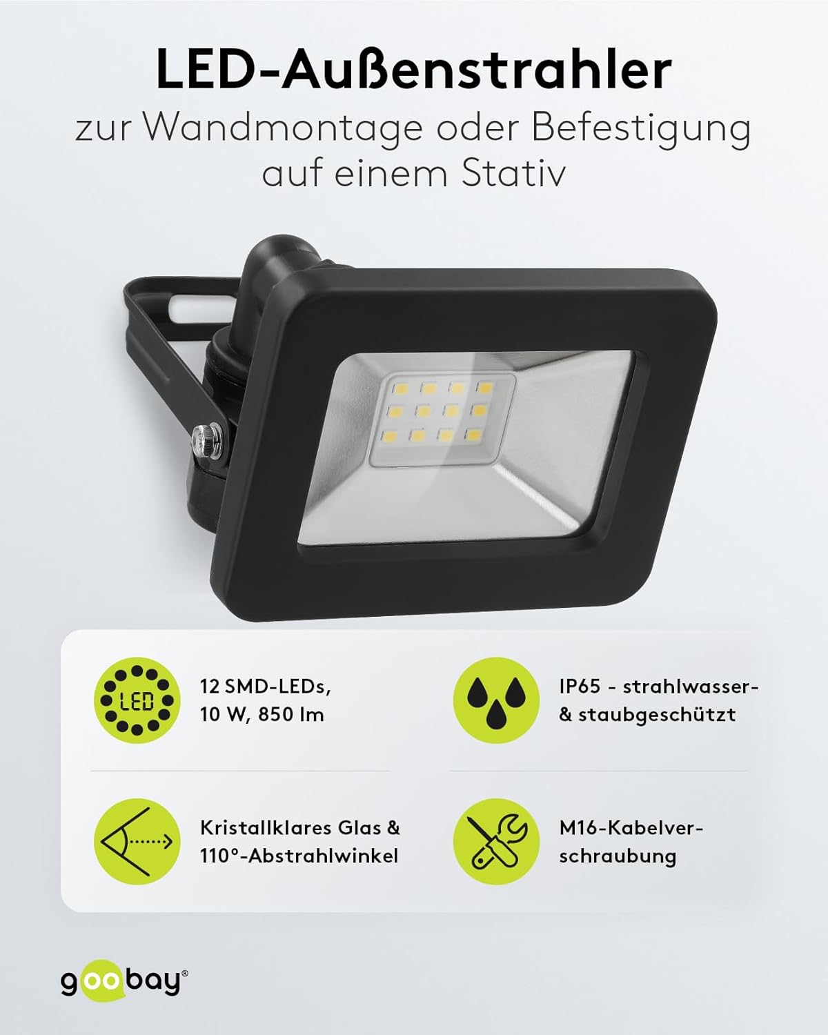 LED Strahler Außen 10W / Außenstrahler IP65 / Neutralweißes Licht 850 lm/LED Scheinwerfer Fluter Wandmontage / IP65 Gartenstrahler/Schwarz [Energieklasse F]