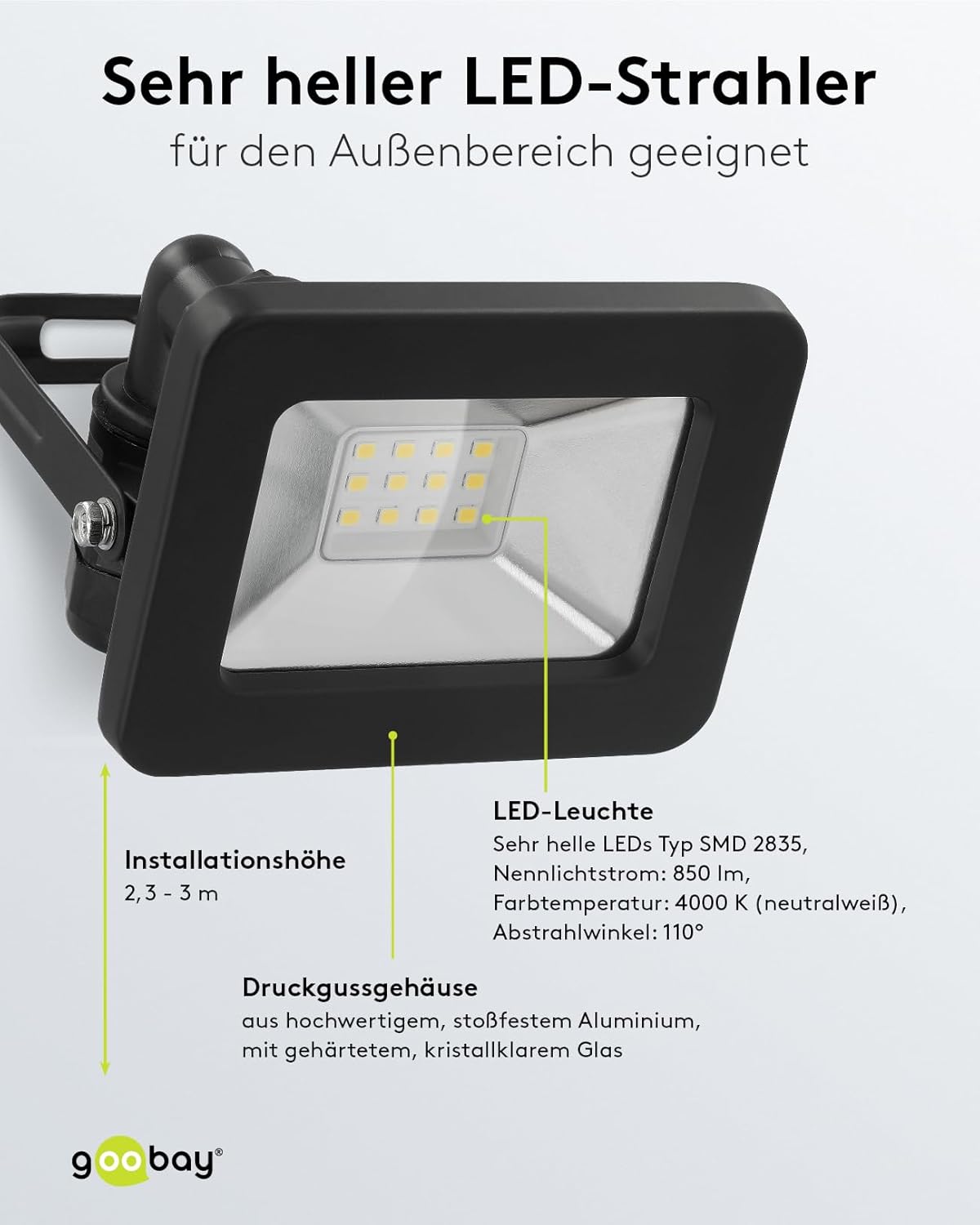 LED Strahler Außen 10W / Außenstrahler IP65 / Neutralweißes Licht 850 lm/LED Scheinwerfer Fluter Wandmontage / IP65 Gartenstrahler/Schwarz [Energieklasse F]