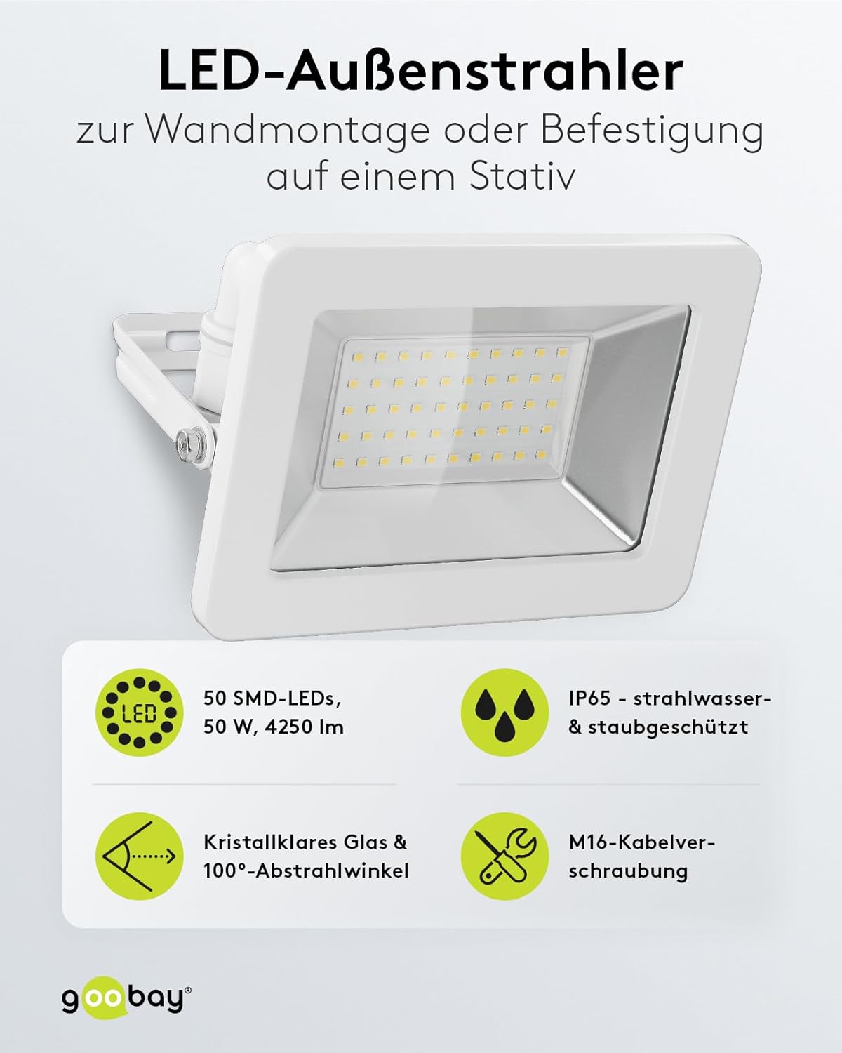 LED Strahler Außen 50W / Außenstrahler IP65 / Neutralweißes Licht 4250 lm/LED Scheinwerfer Fluter Wandmontage / IP65 Gartenstrahler/Weiß [Energieklasse F]