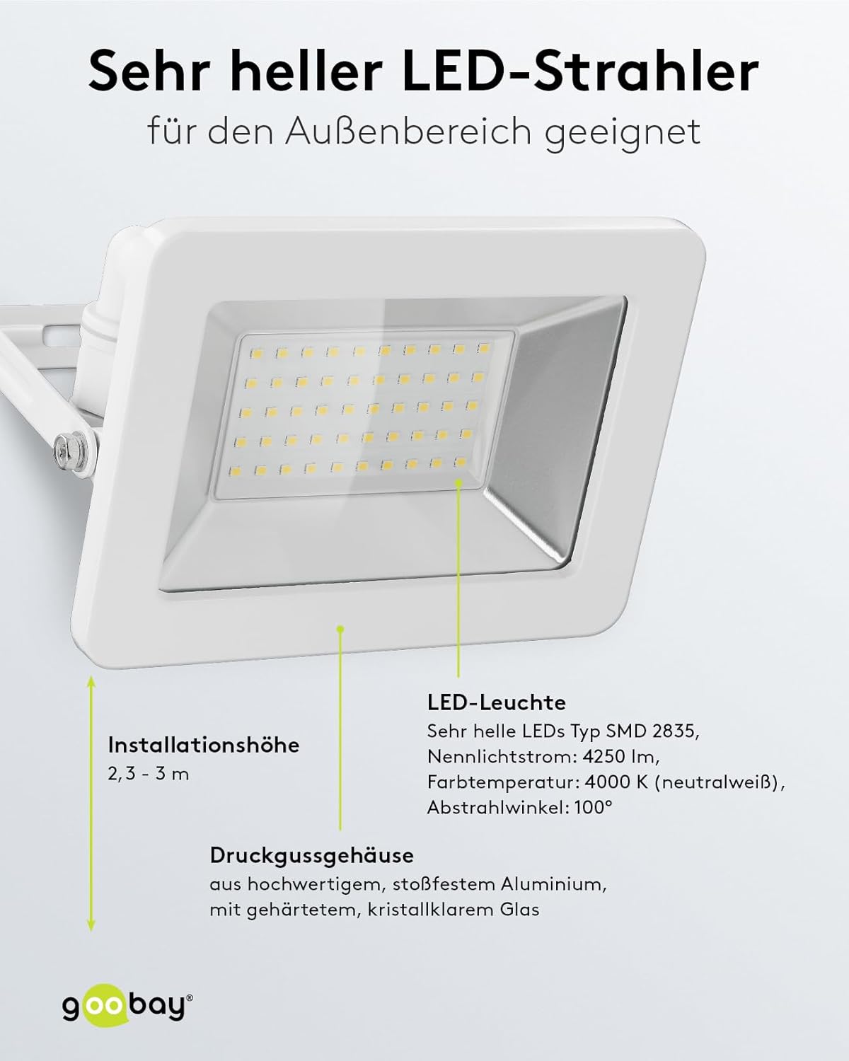 LED Strahler Außen 50W / Außenstrahler IP65 / Neutralweißes Licht 4250 lm/LED Scheinwerfer Fluter Wandmontage / IP65 Gartenstrahler/Weiß [Energieklasse F]