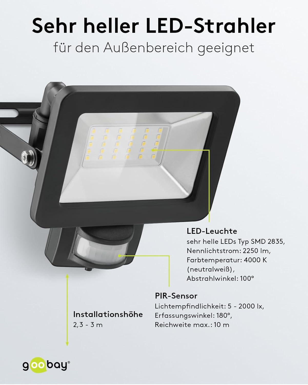 LED Strahler Bewegungsmelder Außen 30W / PIR Sensor Außenstrahler IP44 / Neutralweißes Licht 2550 lm / LED Scheinwerfer Fluter Wandmontage / Gartenstrahler / Schwarz