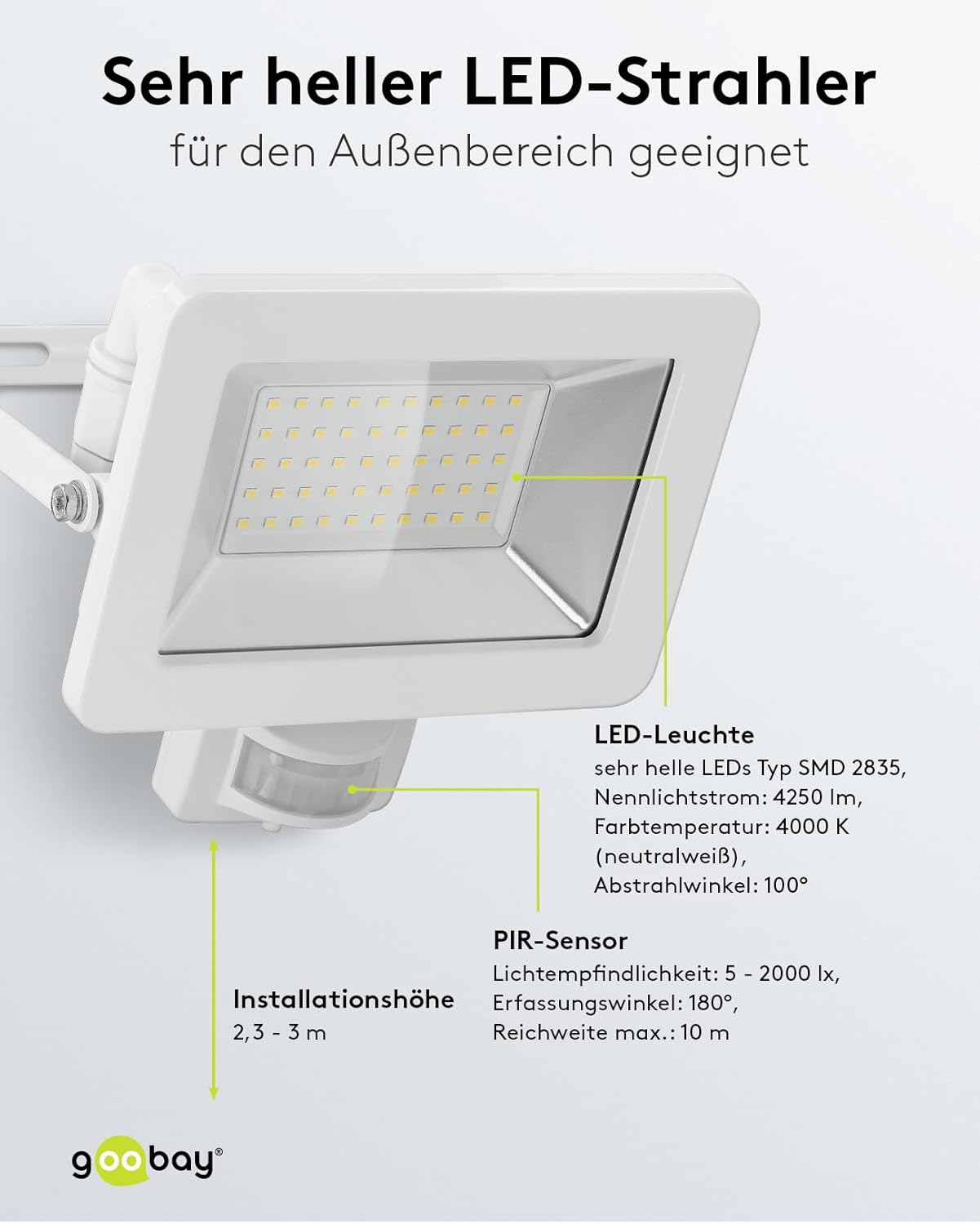 LED Strahler Bewegungsmelder Außen 50W / PIR Sensor Außenstrahler IP44 / Neutralweißes Licht 4250 lm/LED Scheinwerfer Fluter Wandmontage/Gartenstrahler/Weiß [Energieklasse F]