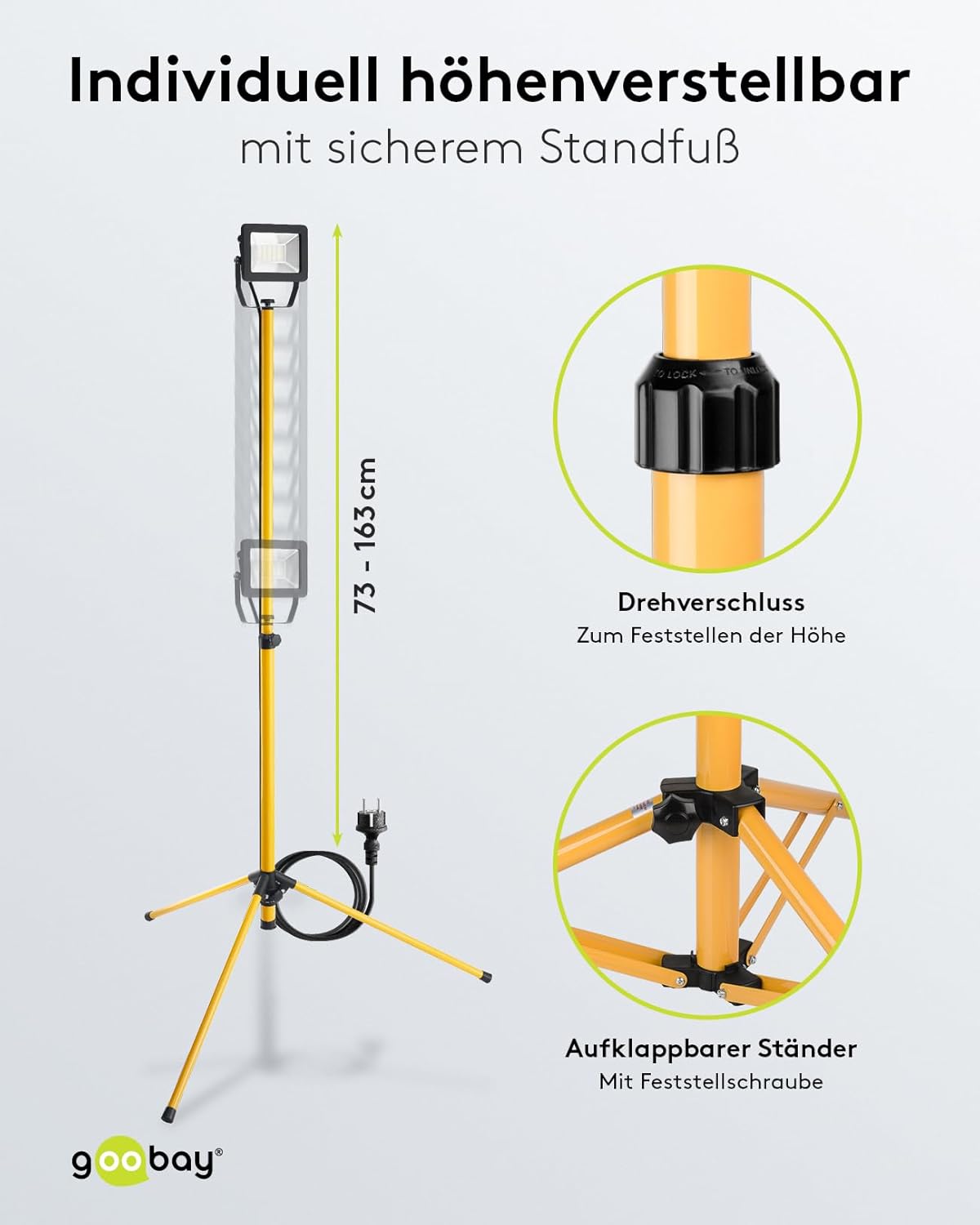LED Baustrahler auf Teleskopstativ 30W / 2550 lm / Neutral-Weiß Licht – 4000K / Für Innen- & Außenbereich – IP65 / Schwarz/Gelb [Energieklasse F]