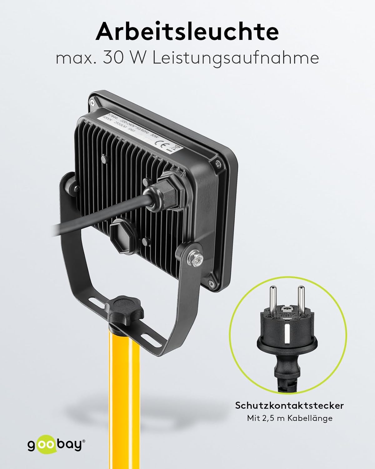 LED Baustrahler auf Teleskopstativ 30W / 2550 lm / Neutral-Weiß Licht – 4000K / Für Innen- & Außenbereich – IP65 / Schwarz/Gelb [Energieklasse F]