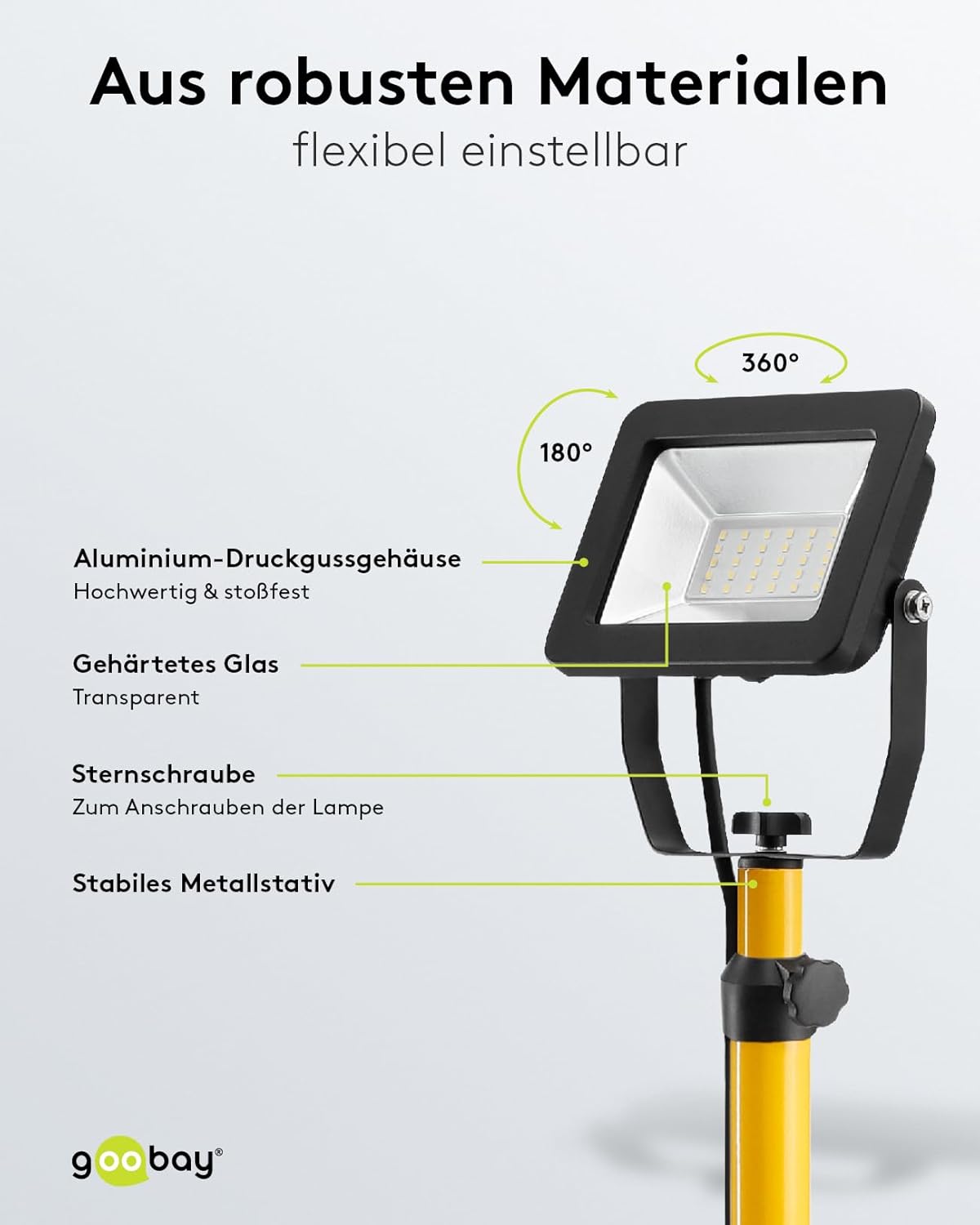 LED Baustrahler auf Teleskopstativ 30W / 2550 lm / Neutral-Weiß Licht – 4000K / Für Innen- & Außenbereich – IP65 / Schwarz/Gelb [Energieklasse F]