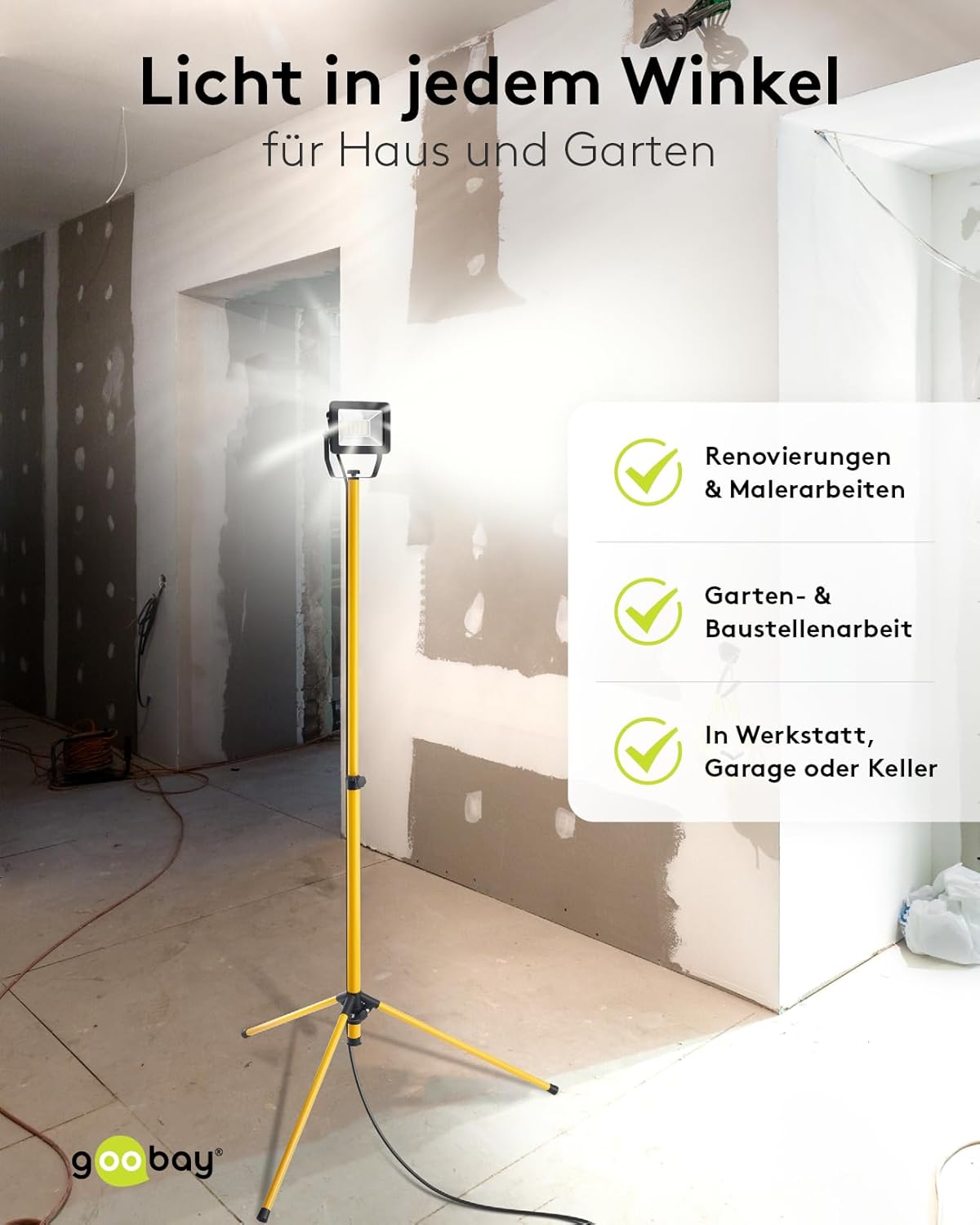 LED Baustrahler auf Teleskopstativ 30W / 2550 lm / Neutral-Weiß Licht – 4000K / Für Innen- & Außenbereich – IP65 / Schwarz/Gelb [Energieklasse F]