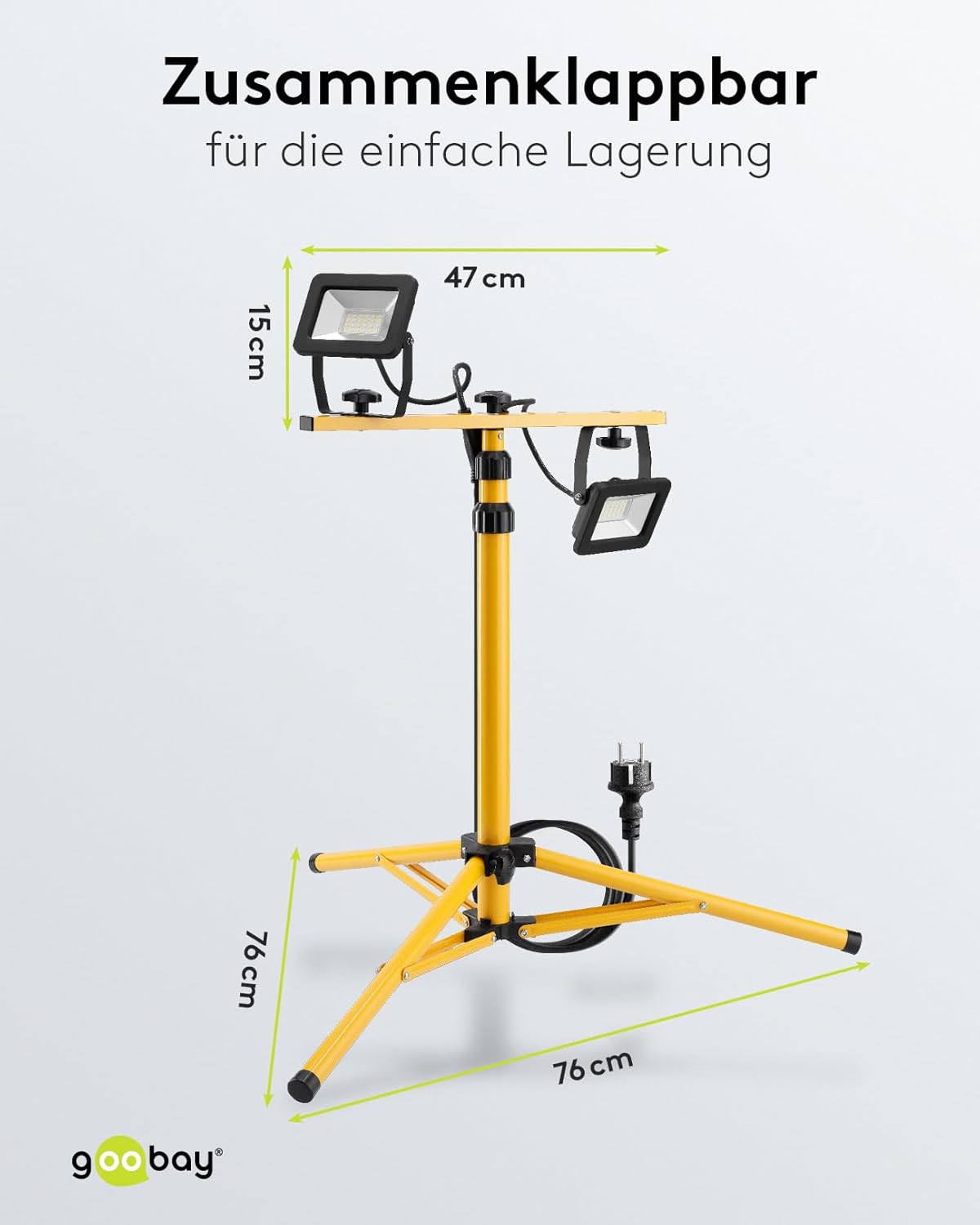 LED Baustrahler auf Teleskopstativ 2 x 20W / 3400lm / Neutral-Weiß Licht – 4000K / Für Innen- & Außenbereich – IP65 / Schwarz/Gelb [Energieklasse F]